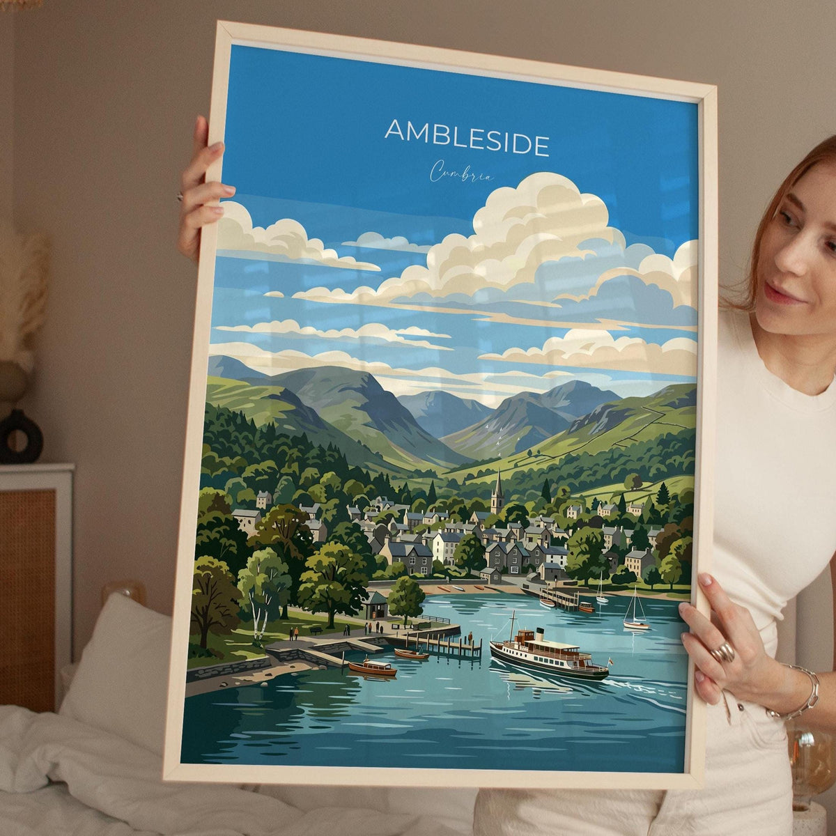 Ambleside Poster, Lake Windermere Wall Art, Cumbria Print, England Travel Poster, Ambleside Gift