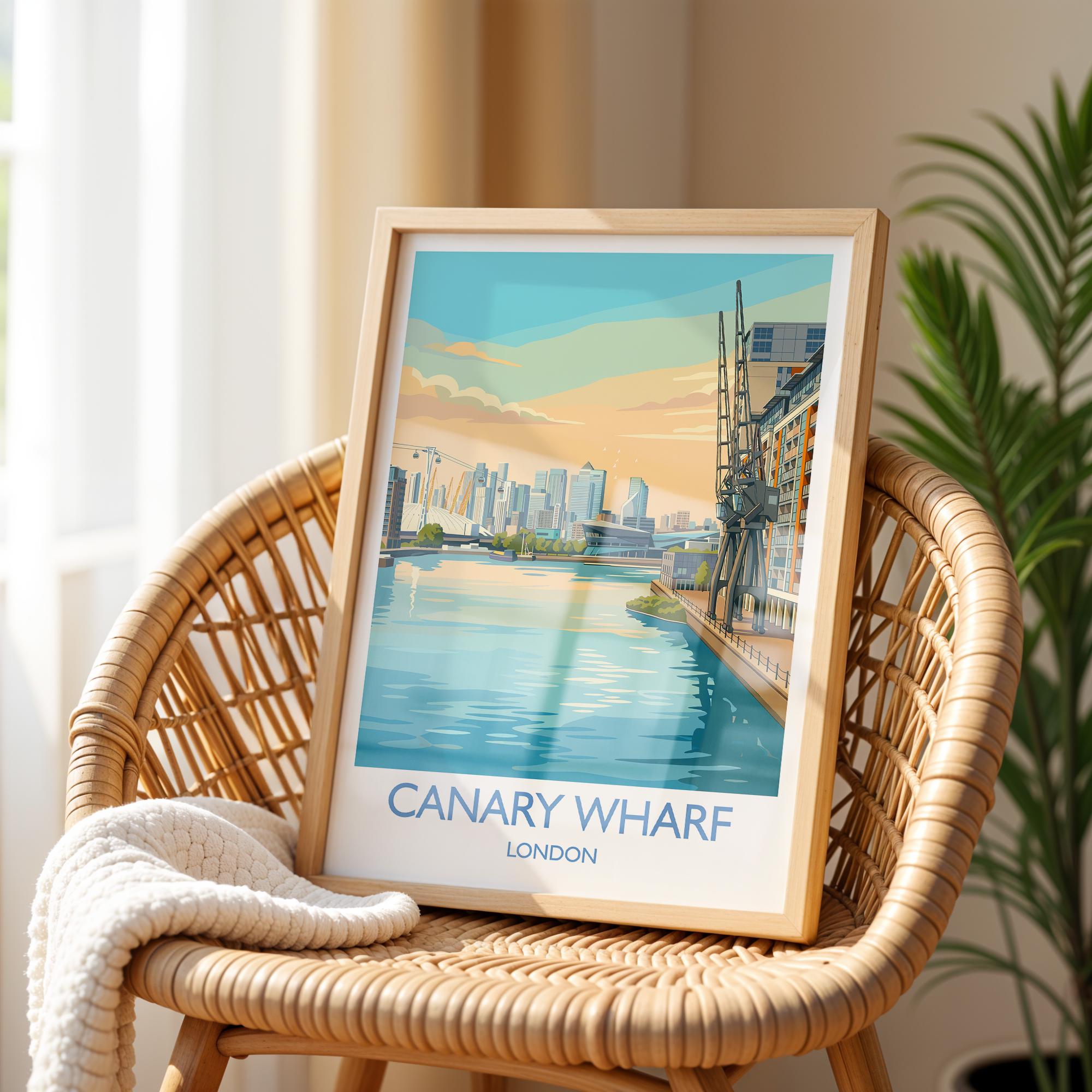 Canary Wharf London Travel Poster, Royal Victoria Dock Wall Art, London Skyline Print, O2 & Cable Car, East London Travel Poster
