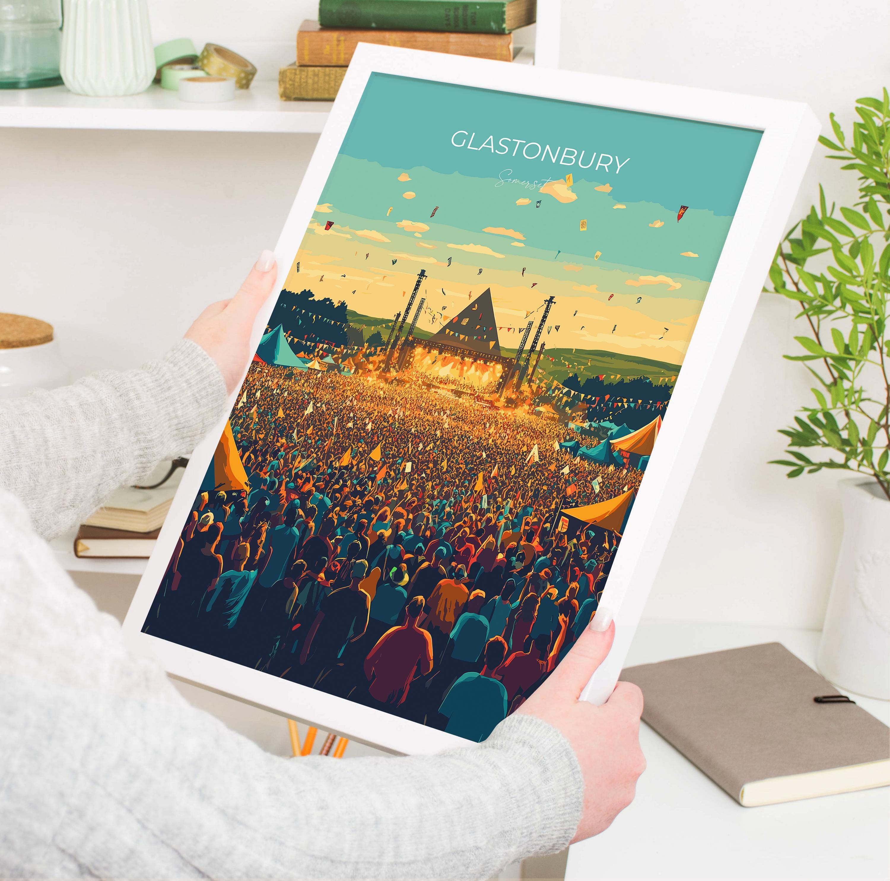 Glastonbury Travel Poster, Travel Print of Glastonbury, Somerset, England, Glastonbury Art, Festival Art Gift, Somerset Wall Art Print NQ Media Designs