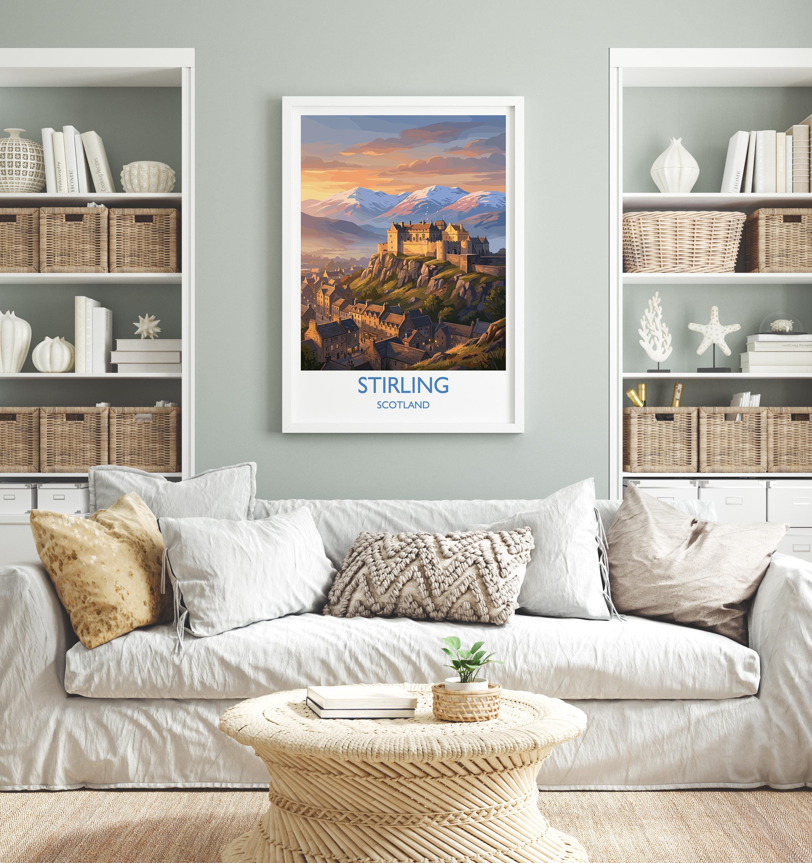 Stirling Castle Scotland Travel Poster, Scottish Highlands Wall Art, Stirling Sunset Landscape Print, Historic Castle Illustration, UK Decor