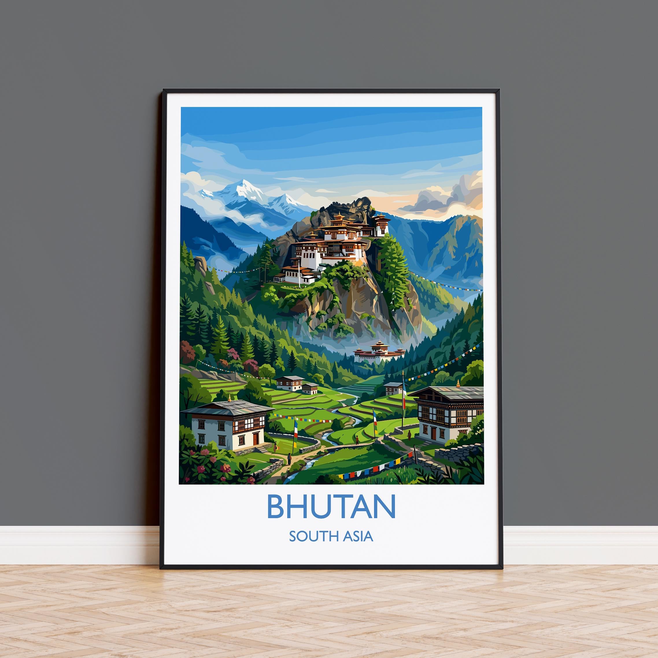 Bhutan South Asia Travel Poster, Himalayan Mountains Wall Art, Tiger's Nest Monastery Print, Bhutan Landscape, Vintage Travel Poster