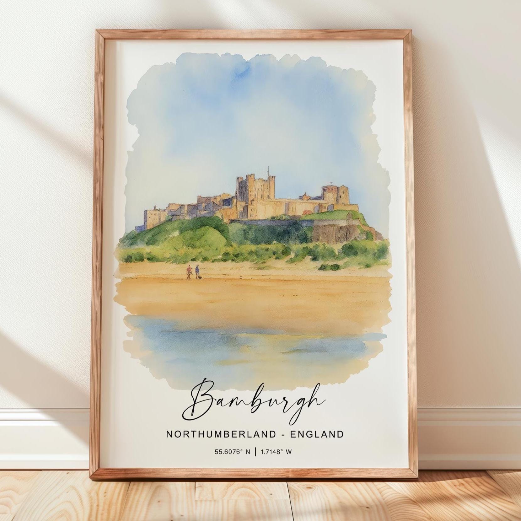 Bamburgh Wall Art Poster, Travel Print of Bamburgh Castle, England, Northumberland Art Gift, Travel Watercolour Gift NQ Media Designs