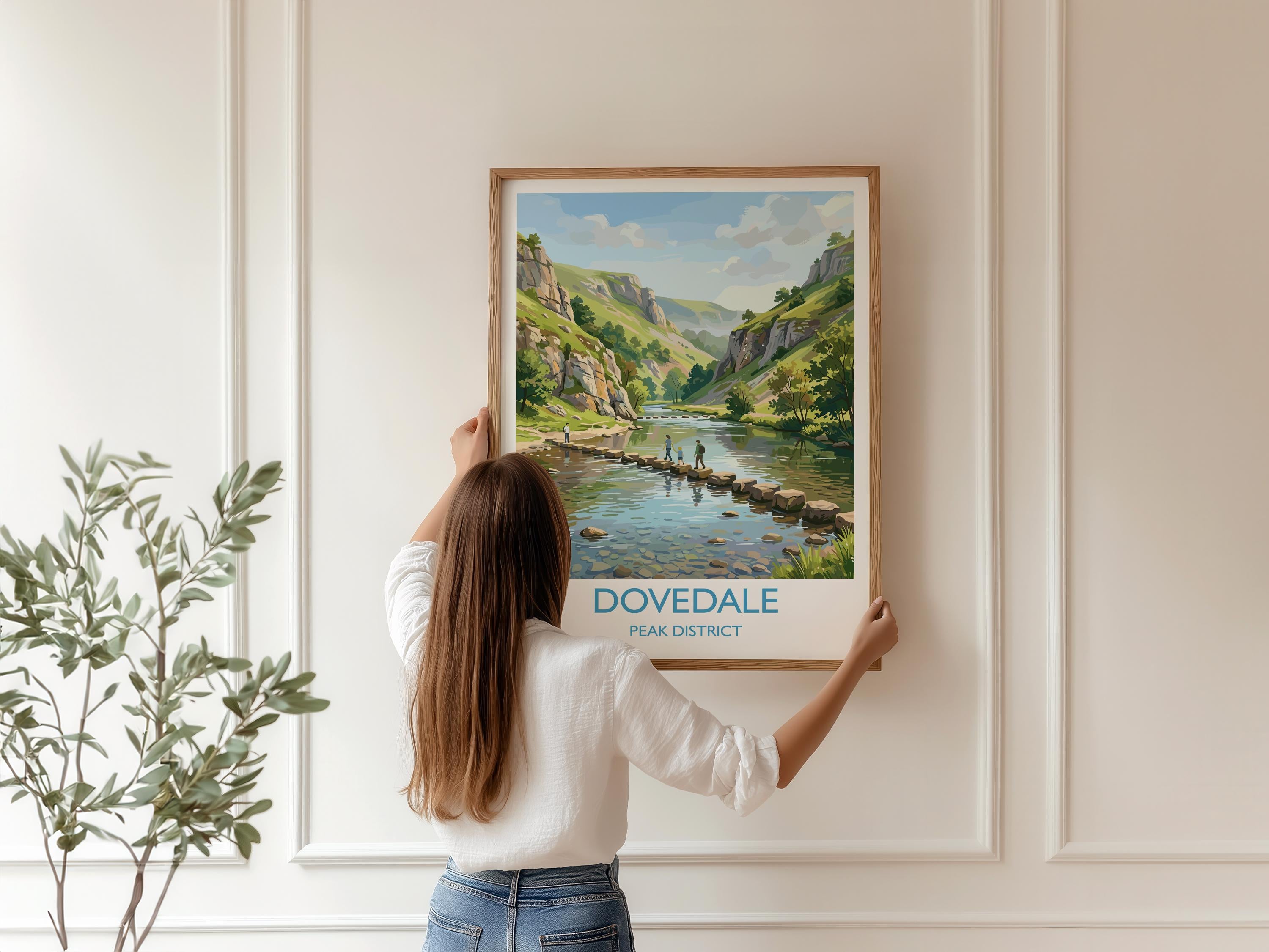Dovedale Stepping Stones Travel Poster, Peak District Wall Art, Derbyshire Landscape Print, River Dove Illustration, UK Nature Decor