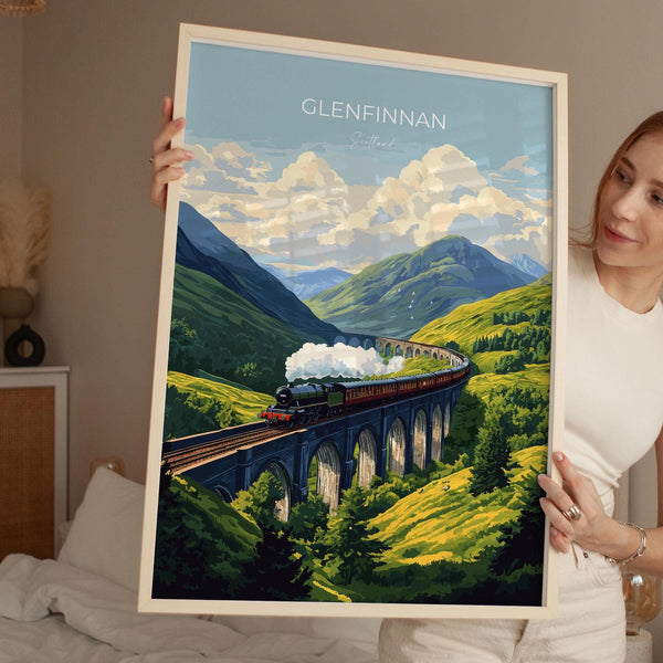 Glenfinnan Viaduct Travel Poster Wall Art, Scottish Highlands Art, Railway Bridge Print, Scotland Landscape, Steam Train Decor Artwork
