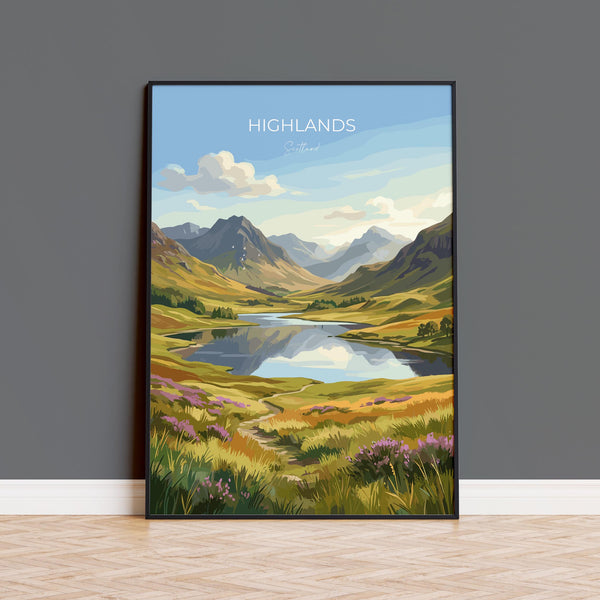 Scottish Highlands Travel Poster, Scotland Landscape Wall Art, Mountain & Loch Print, Dramatic Nature Illustration, UK Decor, Scotland Gift