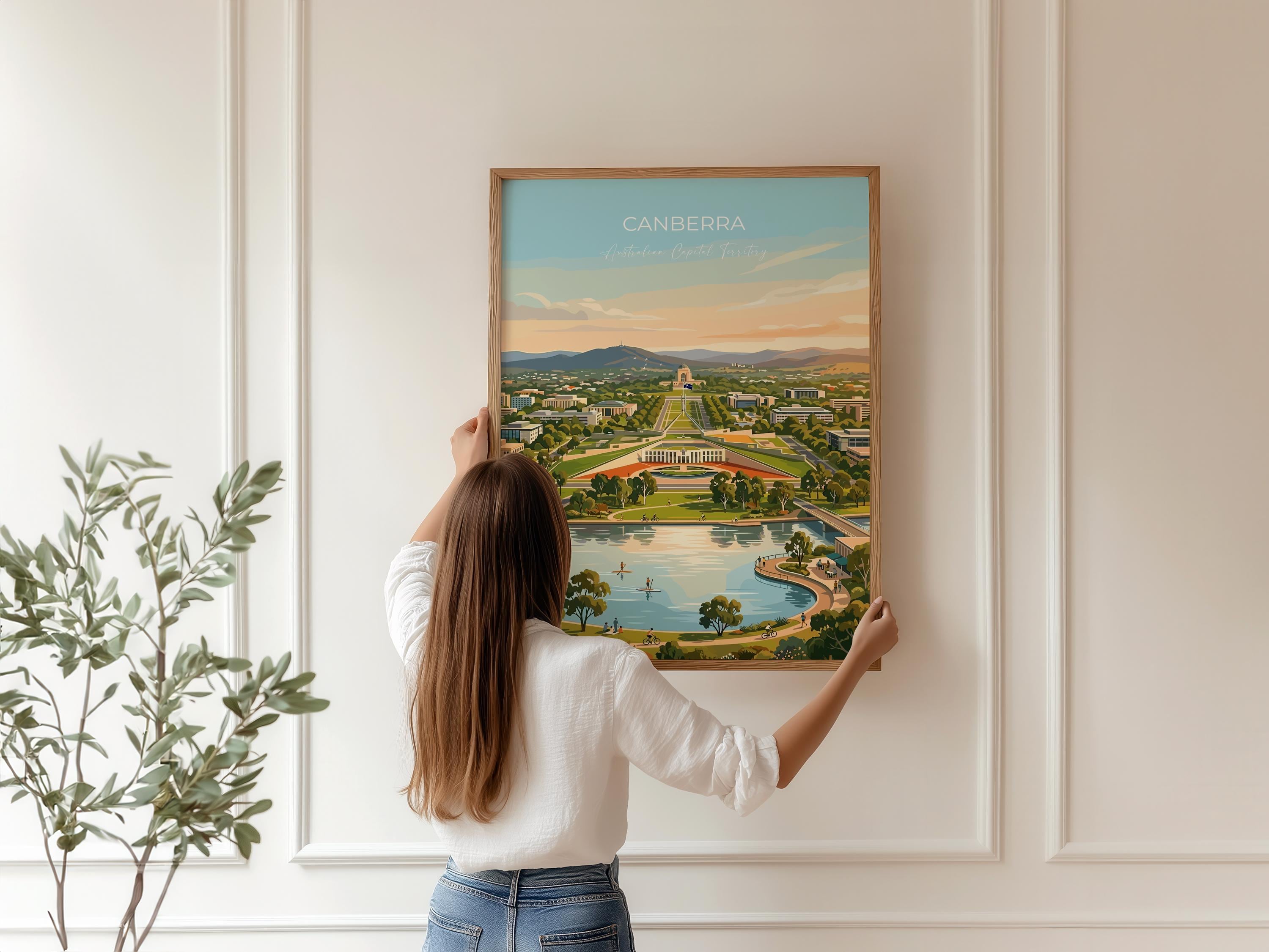 Canberra Australia Travel Poster, Parliament House Wall Art, Australian Capital City Print, Lake Burley Griffin Illustration, Australia Art