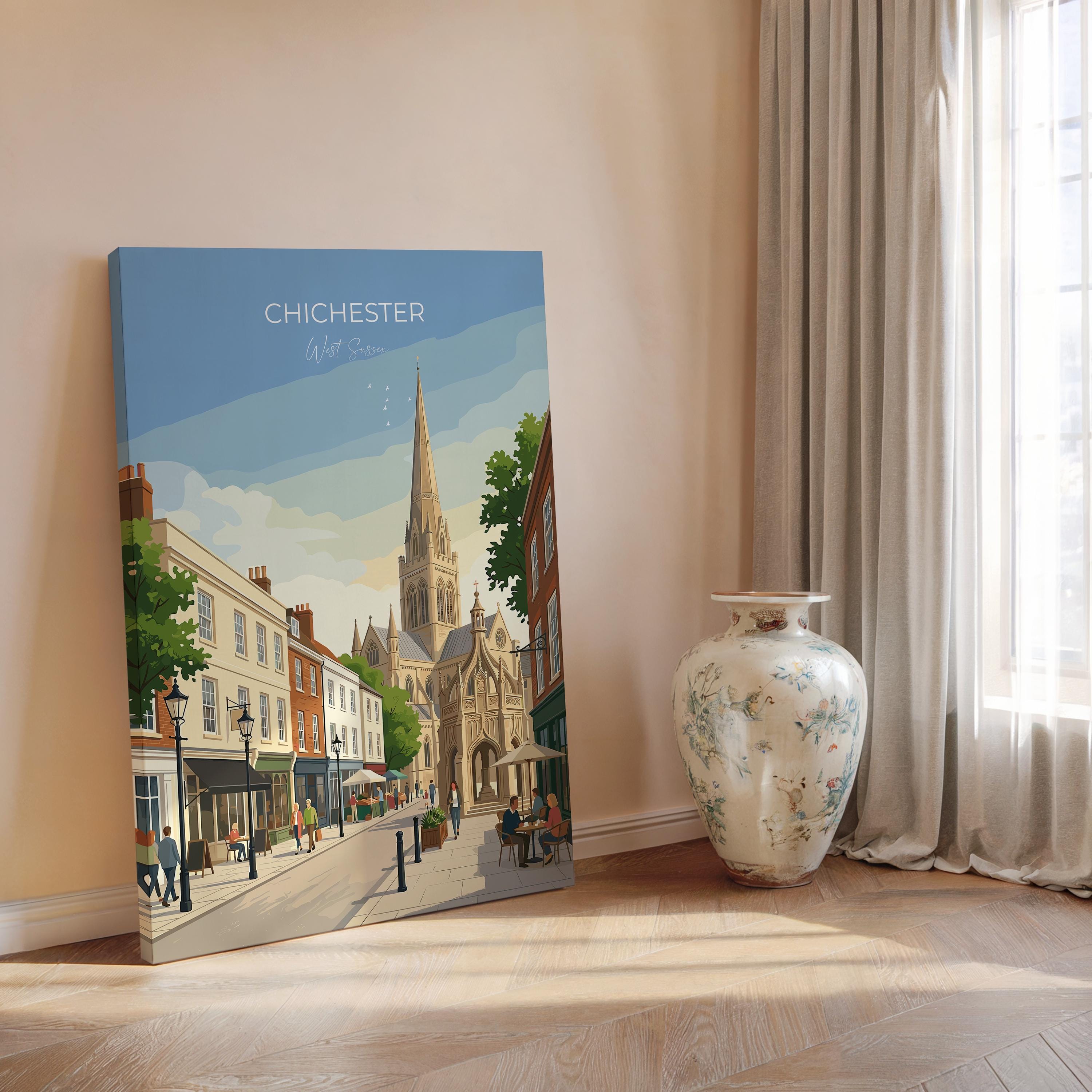 Chichester Cathedral Travel Print, Chichester High Street Clock Tower Wall Art, West Sussex City Poster, Historic England, Vintage Style UK