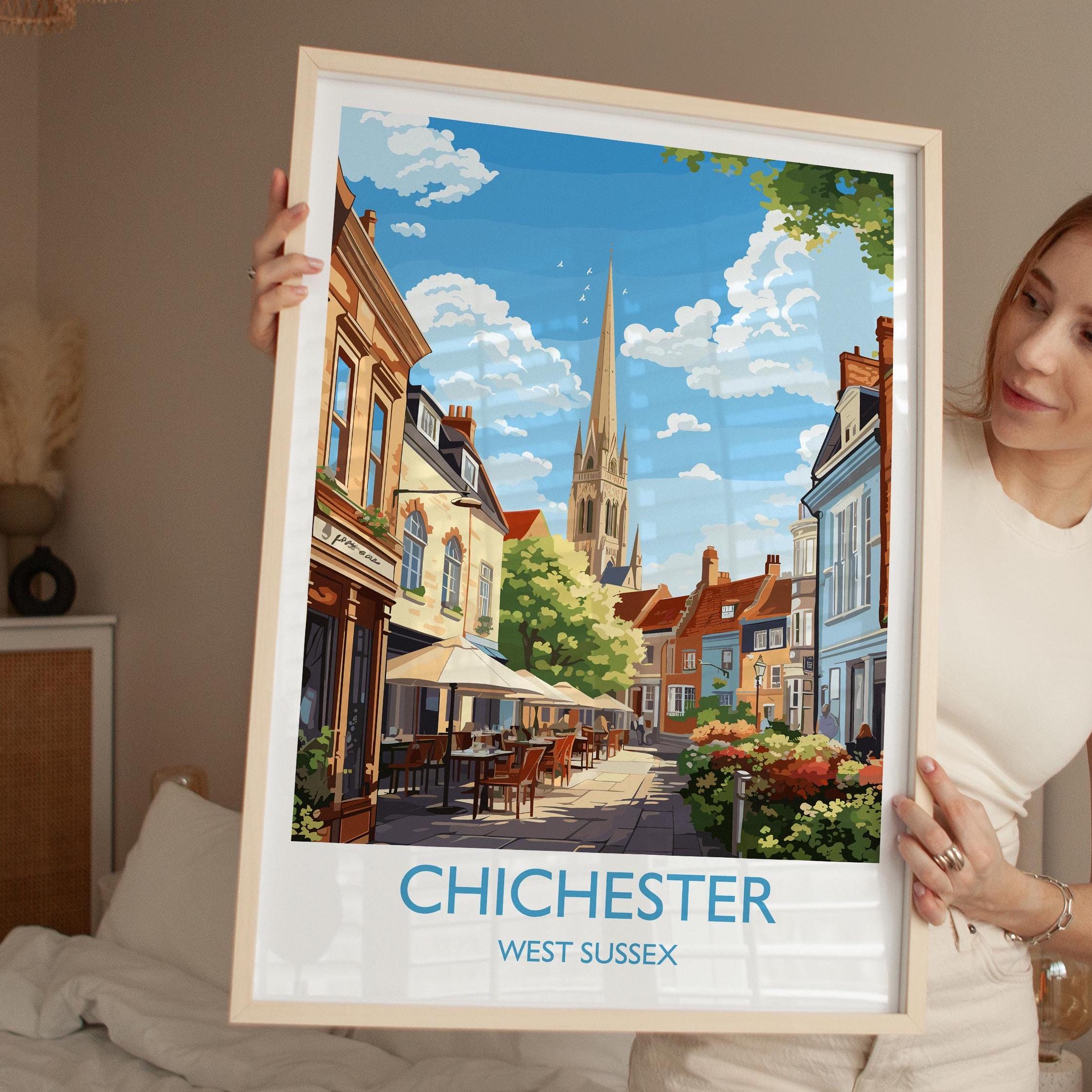 Chichester Travel Poster Wall Art, West Sussex Travel Print, English Countryside Art Gift, Wall Art Print NQ Media Designs