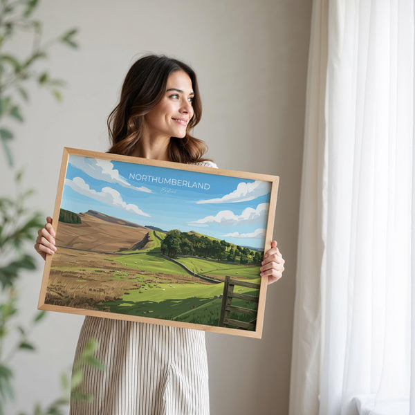 Northumberland Travel Poster Landscape, Travel Print of Northumberland Countryside, Hadrians Wall, England, Housesteads Fort Art,