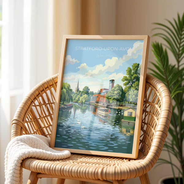 Stratford upon Avon Travel Print, River Avon Wall Art, Royal Shakespeare Theatre Poster, Holy Trinity Church Illustration, UK Decor