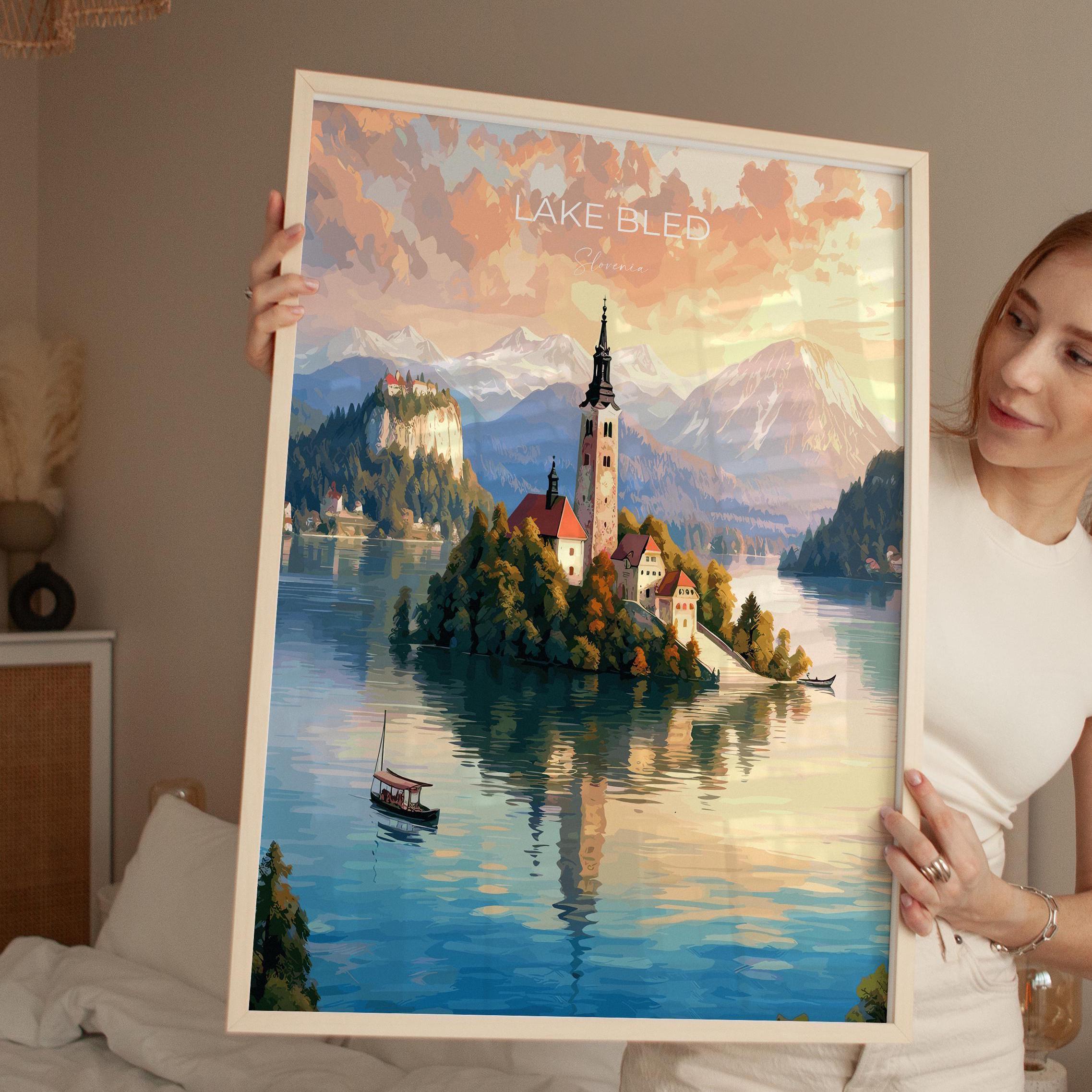 Lake Bled Travel Poster, Travel Print of Lake Bled, Slovenia, Slovenia Art, Lake Bled Gift, Wall Art Print NQ Media Designs