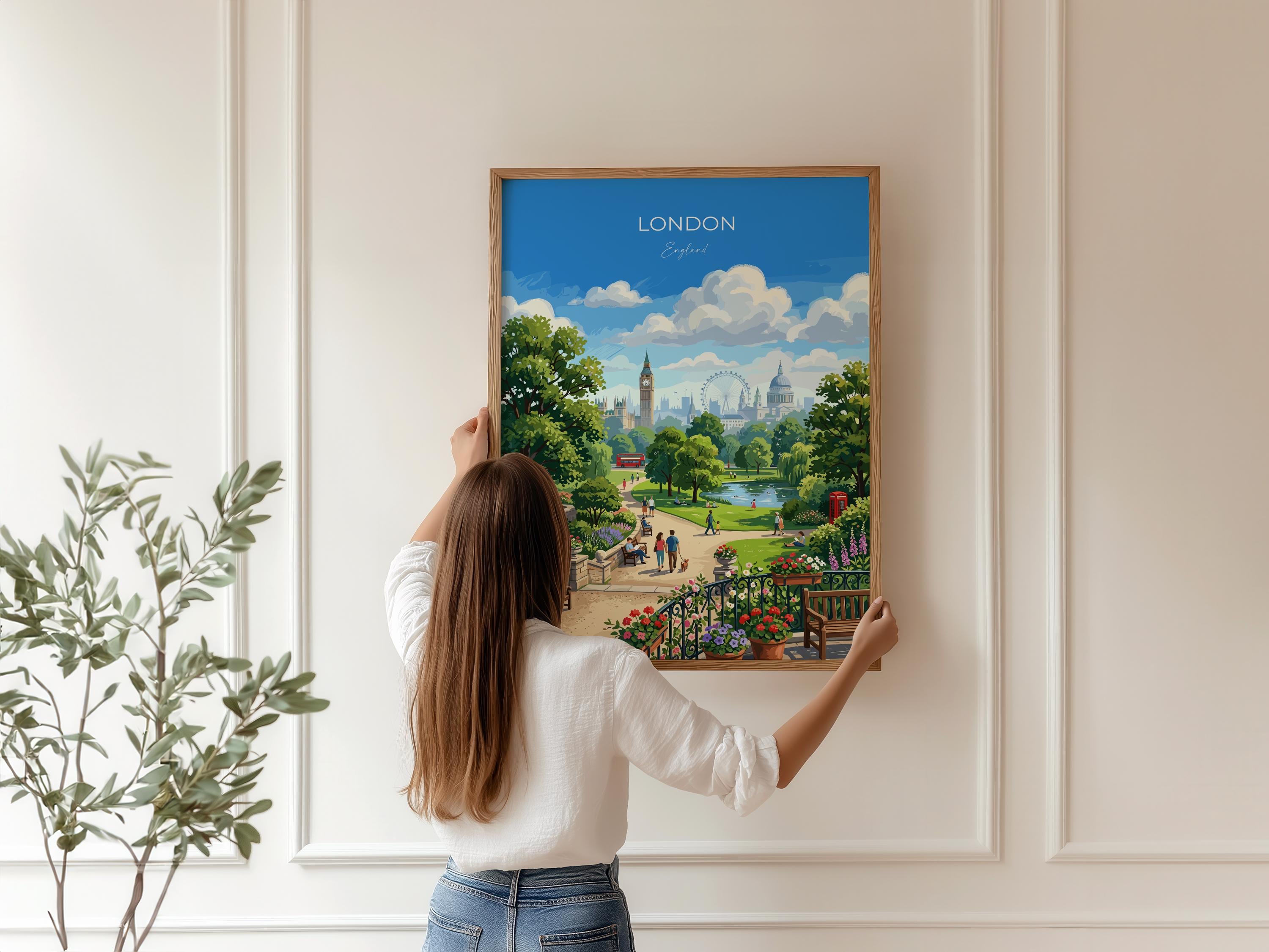 London Skyline Travel Poster, Big Ben & London Eye Wall Art, St Paul’s Cathedral Print, London Park Scene Illustration, Vintage Style UK NQ Media Designs