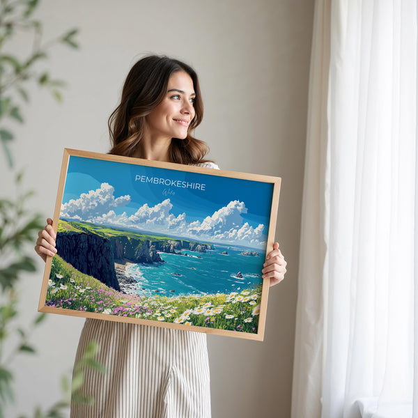 Pembrokeshire Landscape Travel Print, Travel Poster of Pembrokeshire, Wales, Pembrokeshire Art Lovers Gift, Wales Gift Art, Wall Art Print