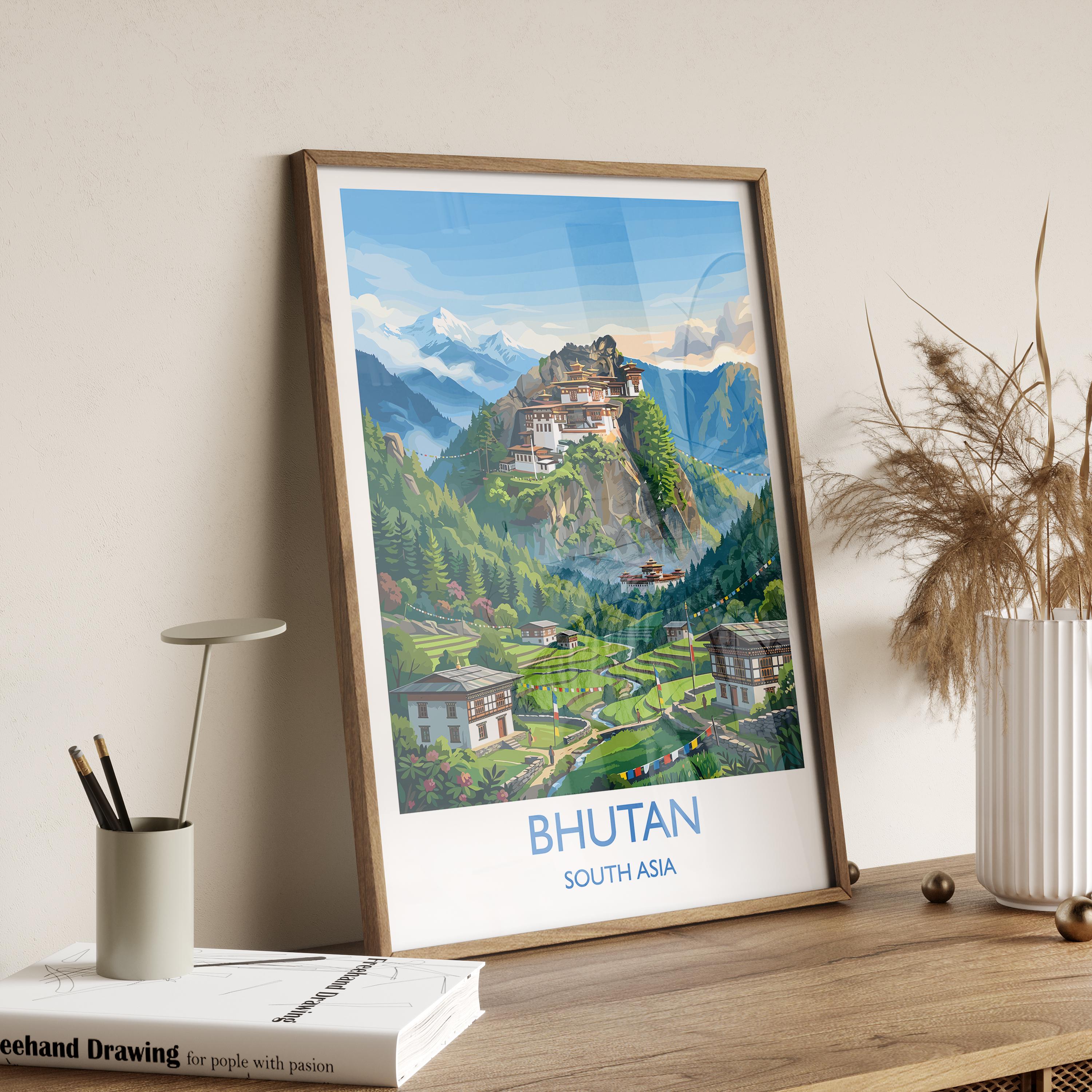Bhutan South Asia Travel Poster, Himalayan Mountains Wall Art, Tiger's Nest Monastery Print, Bhutan Landscape, Vintage Travel Poster