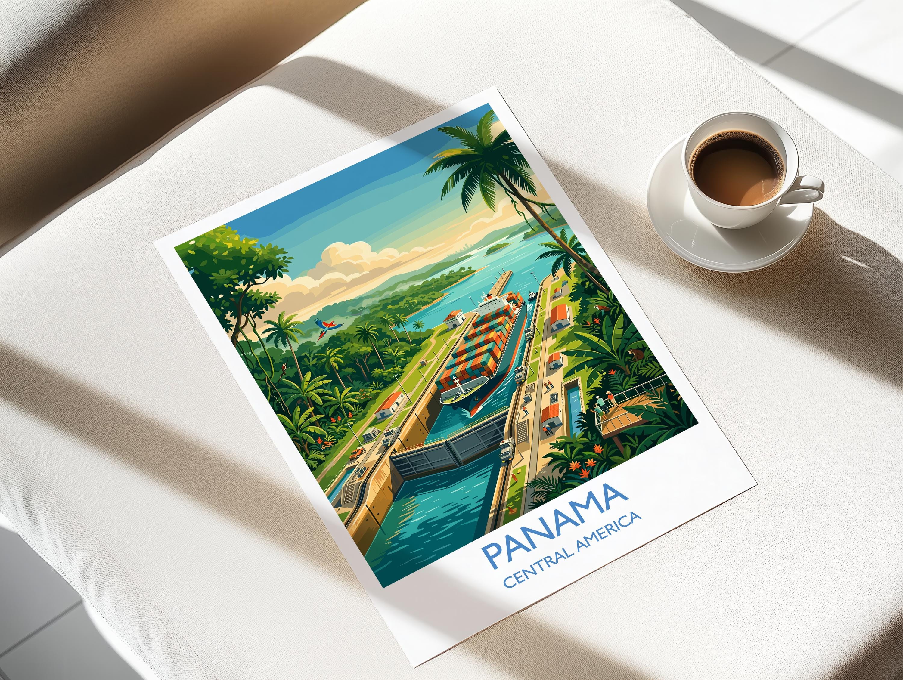Panama Travel Print, Panama Canal Wall Art with Border, Panama City Skyline Poster, Central America Print, Panama Gift Print