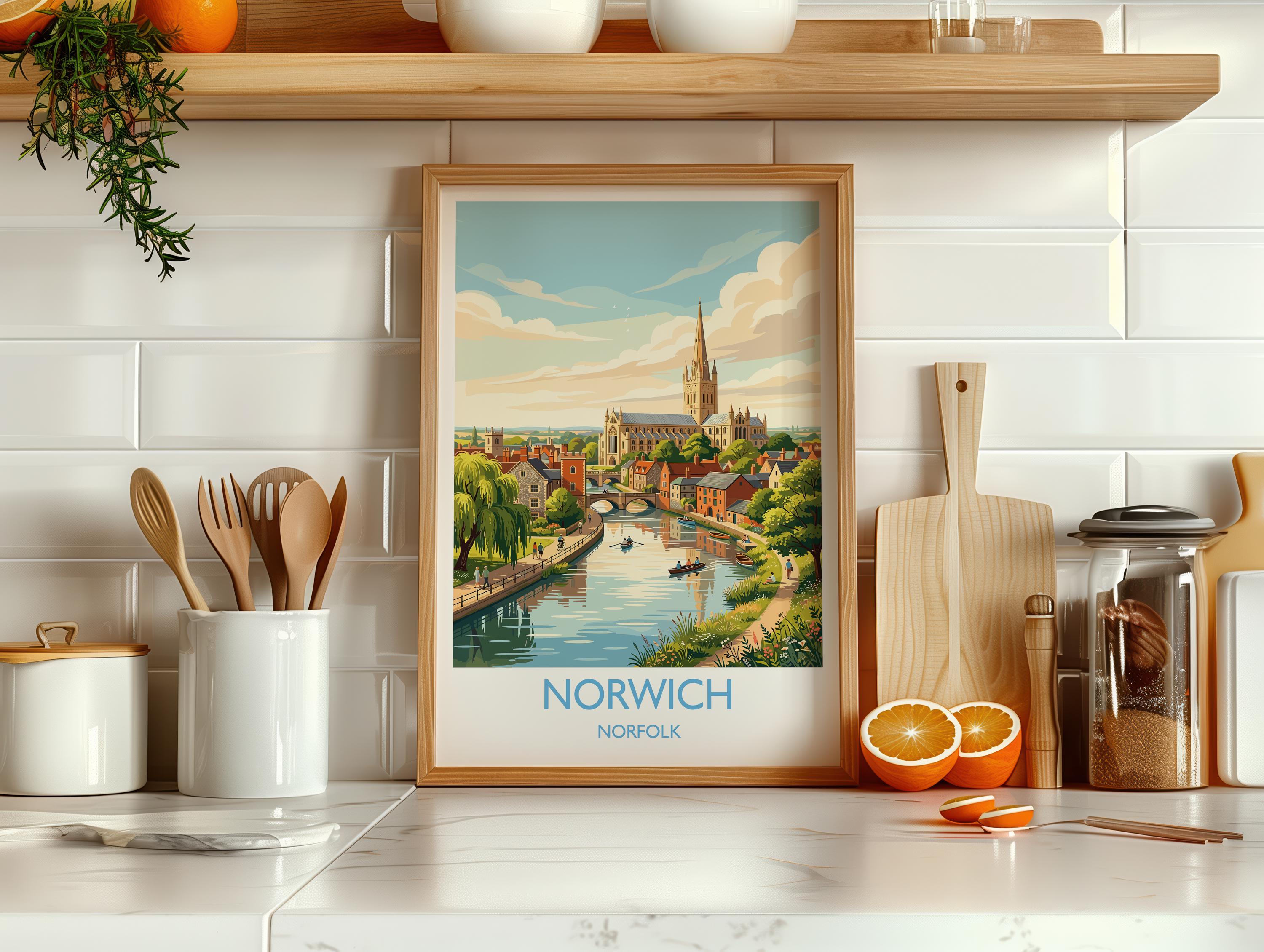 Norwich Norfolk Print, Historic Cathedral City Wall Art, English City Travel Poster, Norfolk Decor, UK Gift