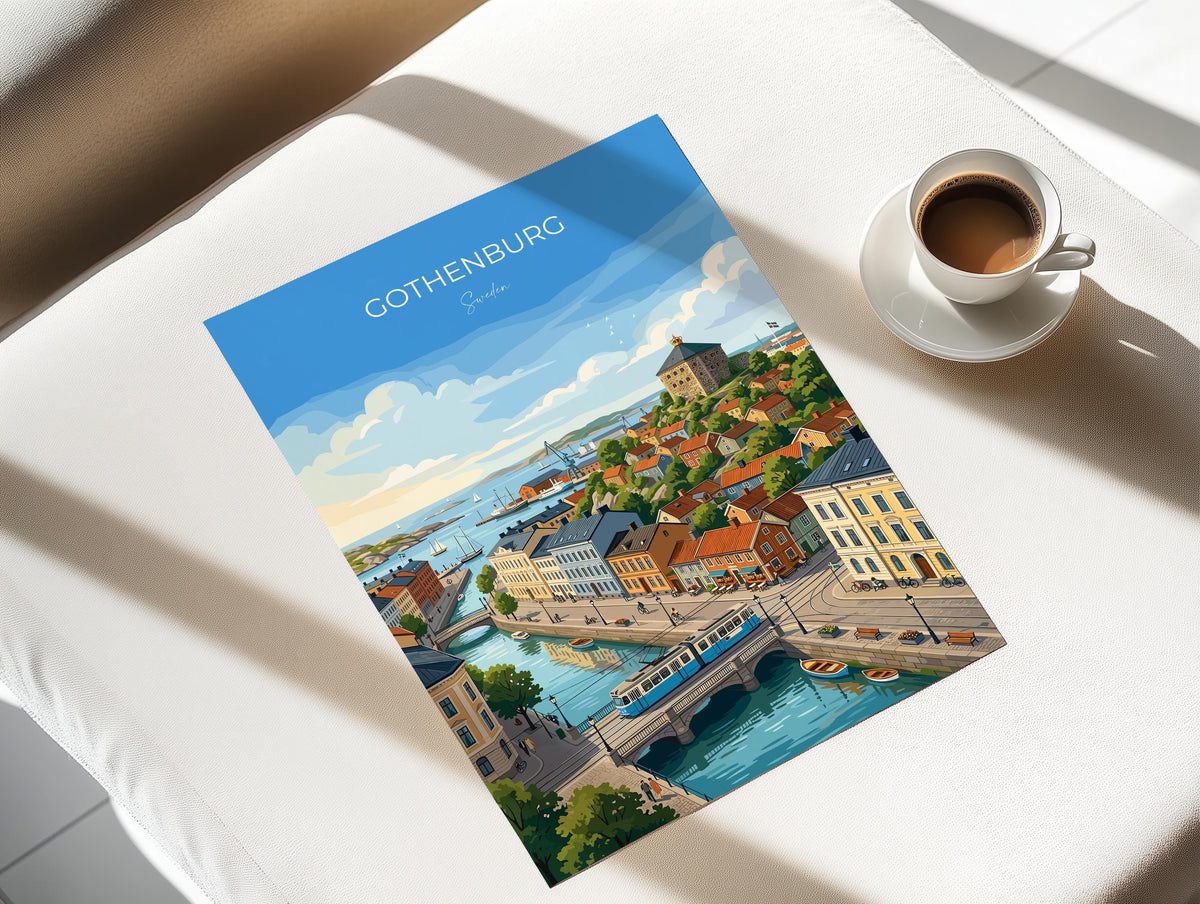 Gothenburg Sweden Travel Print, Skansen Kronan Wall Art, Gothenburg Tram Poster, Historic City & Harbour, Swedish Travel Poster