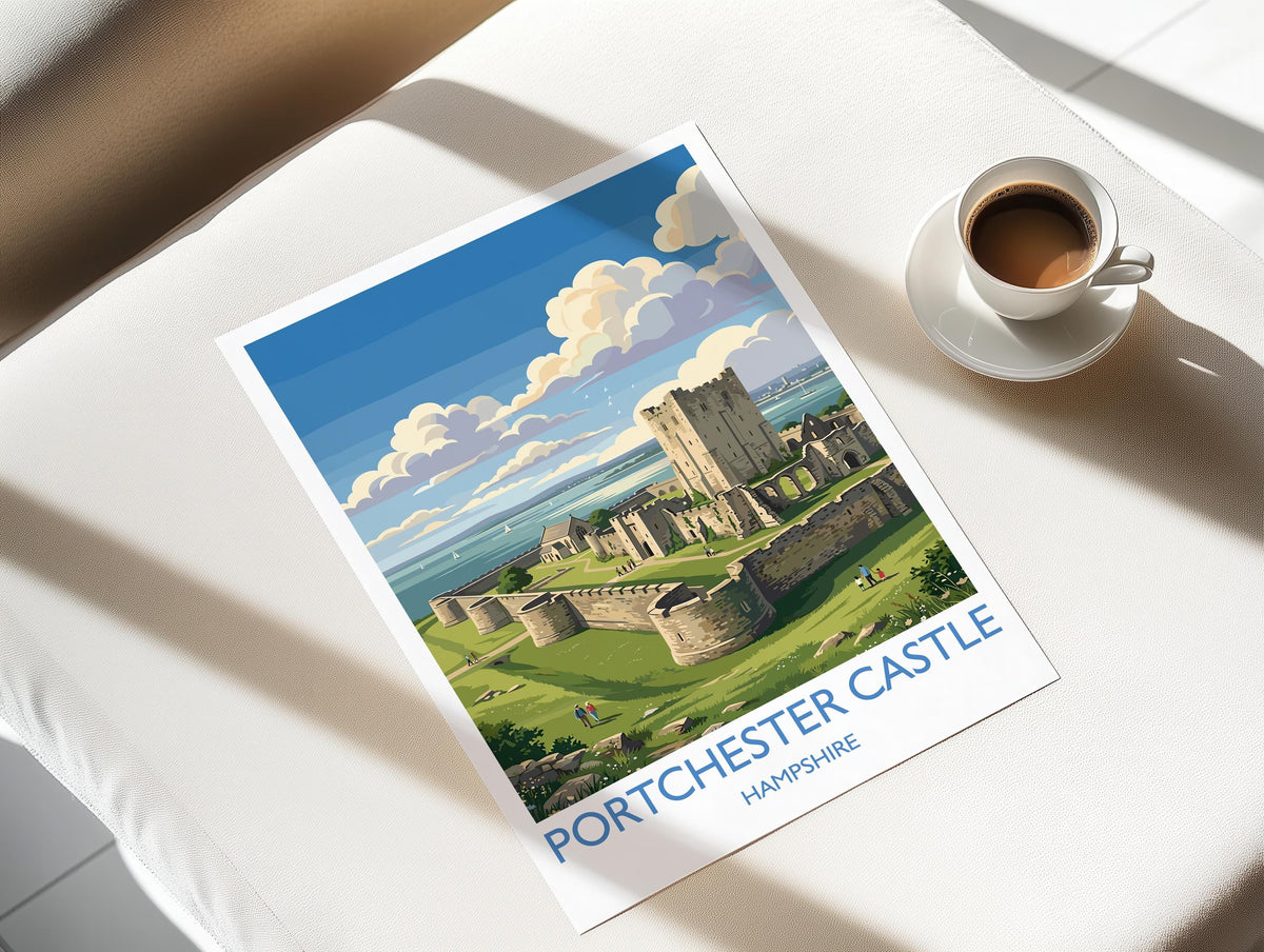 Portchester Castle Print, Hampshire Wall Art with Border, Norman Castle Poster, England Travel Print, Portchester Gift Print