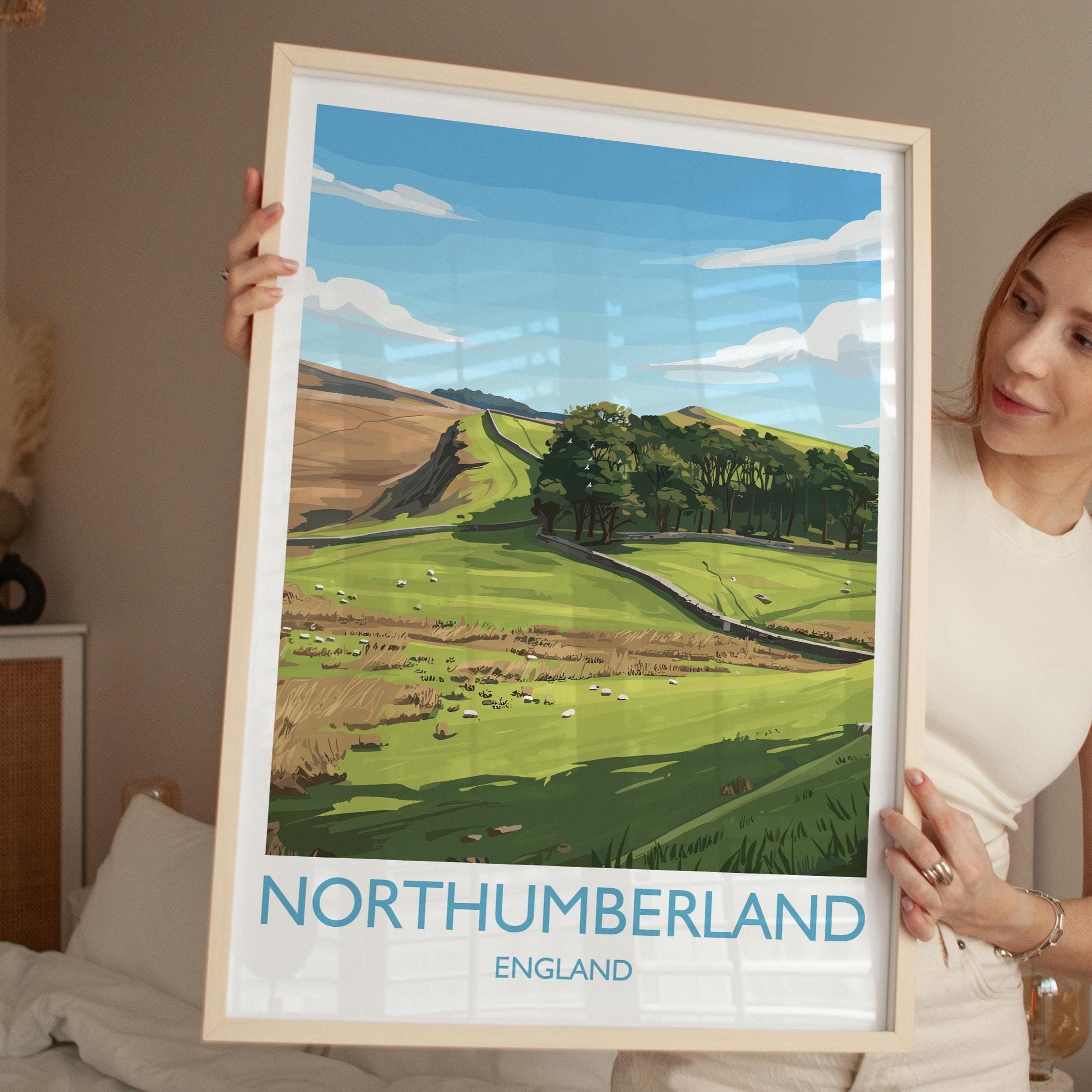 Northumberland Travel Print, Travel Poster of Northumberland Countryside, Hadrians Wall, England, Housesteads Fort Art, Wall Art Print NQ Media Designs