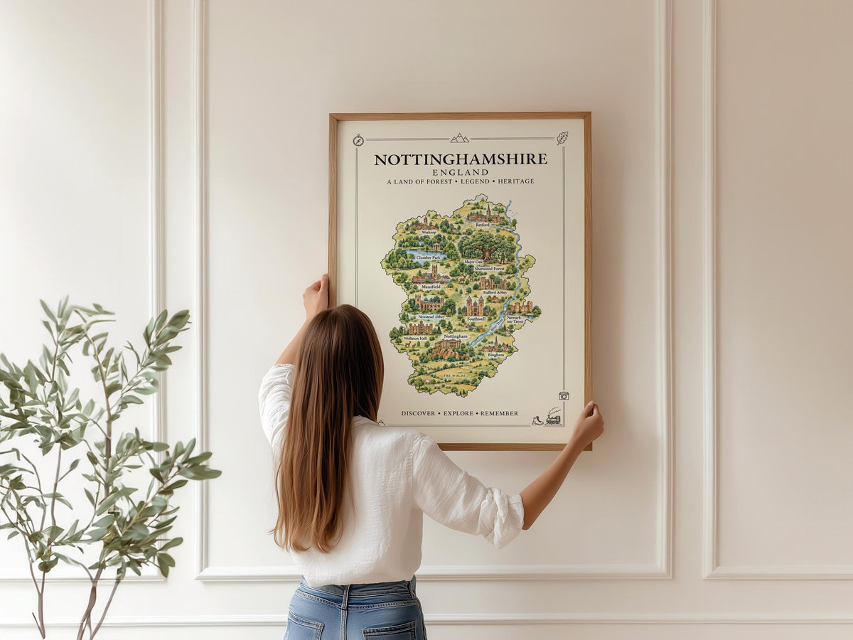 Nottinghamshire Illustrated Map Print, England Wall Art, Sherwood Forest Map Poster, Framed or Canvas Print, Notts Gift