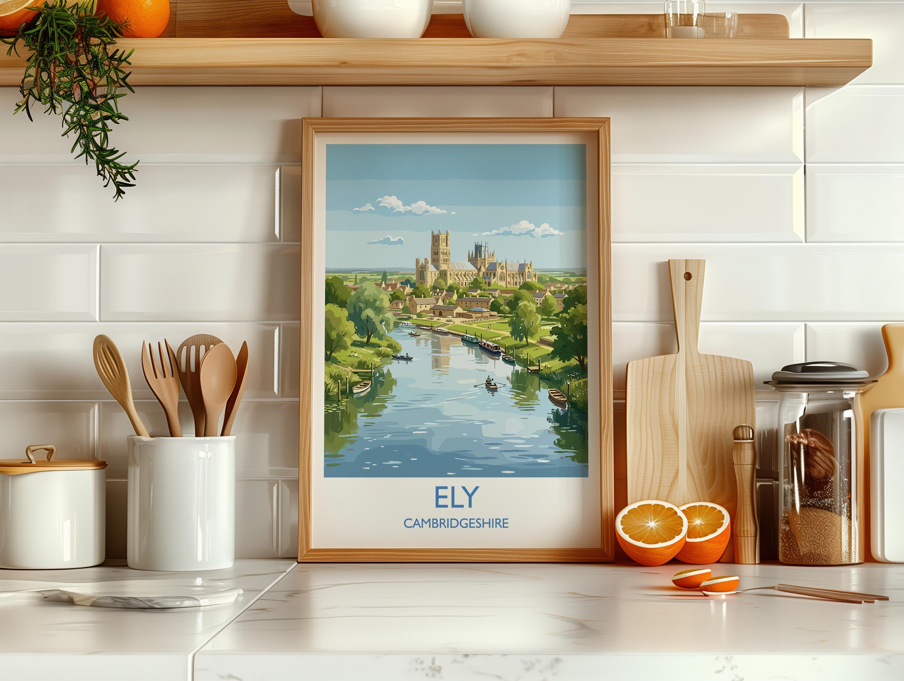 Ely Cathedral Travel Poster, Ely Cambridgeshire Wall Art, Historic England City Print, Gothic Cathedral Illustration, UK Decor, Ely Gift
