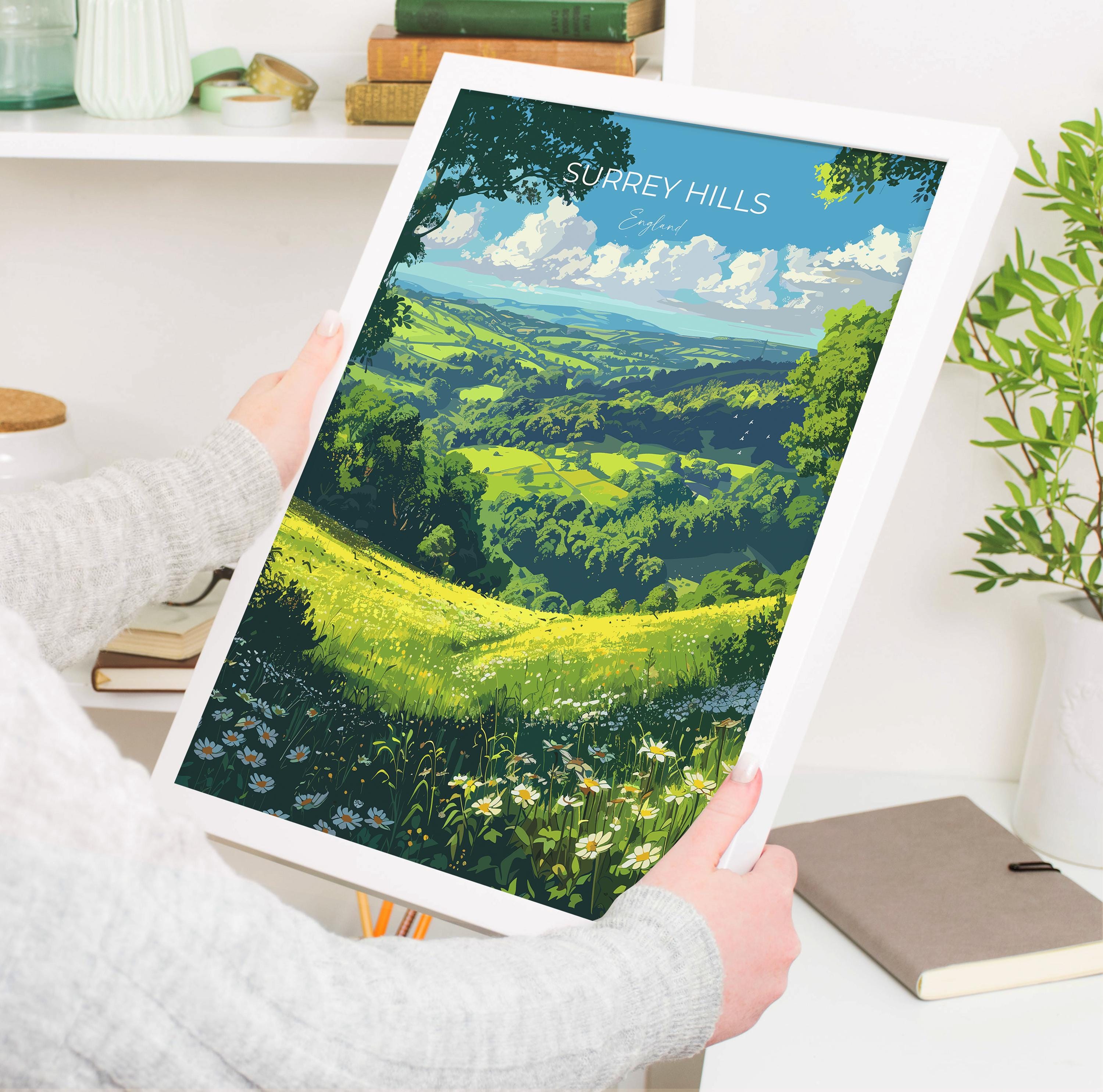 Surrey Hills Travel Print Wall Art, Surrey Hills Travel Poster, English Countryside Art Gift, Wall Art Print NQ Media Designs