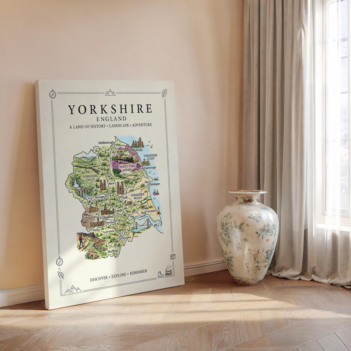 Yorkshire Illustrated Map Print, England Wall Art, Yorkshire Dales Poster, Framed or Canvas Print, Yorkshire Gift
