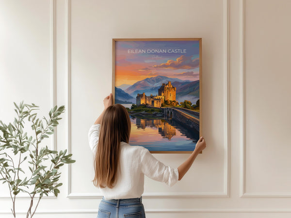 Eilean Donan Castle Scotland Travel Print, Scottish Highlands Castle Wall Art, Sunset Landscape Poster, Iconic Scotland Illustration