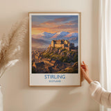 Stirling Castle Scotland Travel Poster, Scottish Highlands Wall Art, Stirling Sunset Landscape Print, Historic Castle Illustration, UK Decor