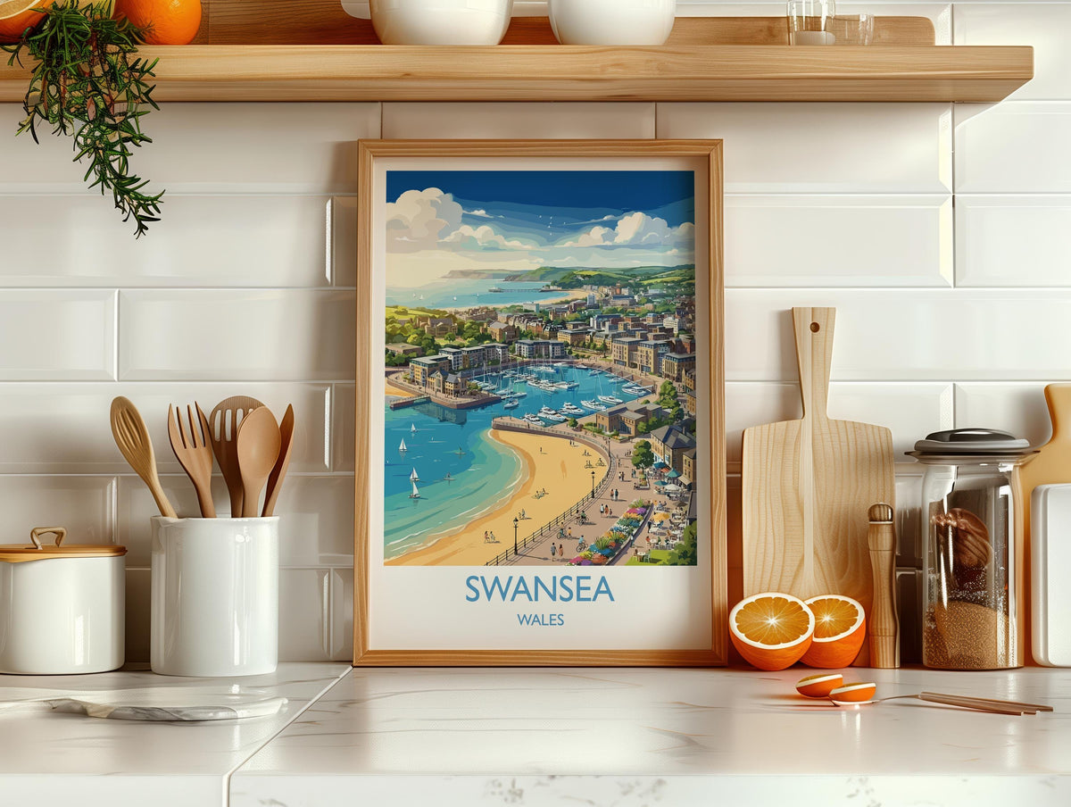 Swansea Print, Mumbles Wall Art with Border, Welsh Coast Poster, Wales Travel Print, Swansea Gift Print