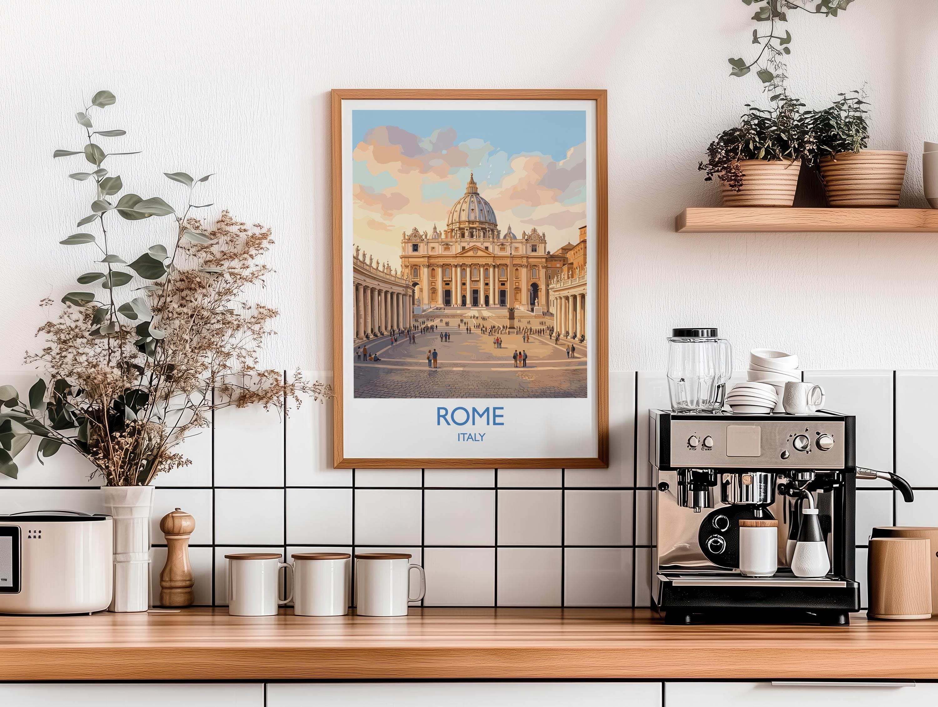 Rome St Peters Basilica Travel Poster, Vatican Skyline Wall Art, Tiber River View Print, Historic Cityscape Illustration, Italy Decor