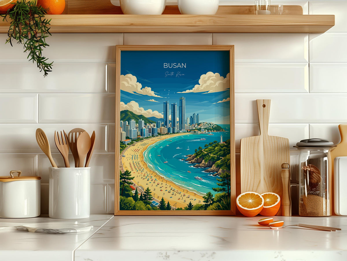 Busan Travel Poster, South Korea Wall Art, Haeundae Beach Print, Coastal Skyline Poster, Busan Gift