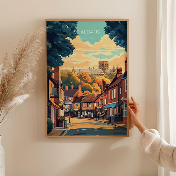 St Albans Travel Print Wall Art, Travel Poster of St Albans, Hertfordshire, England, English Cathedral City Gift