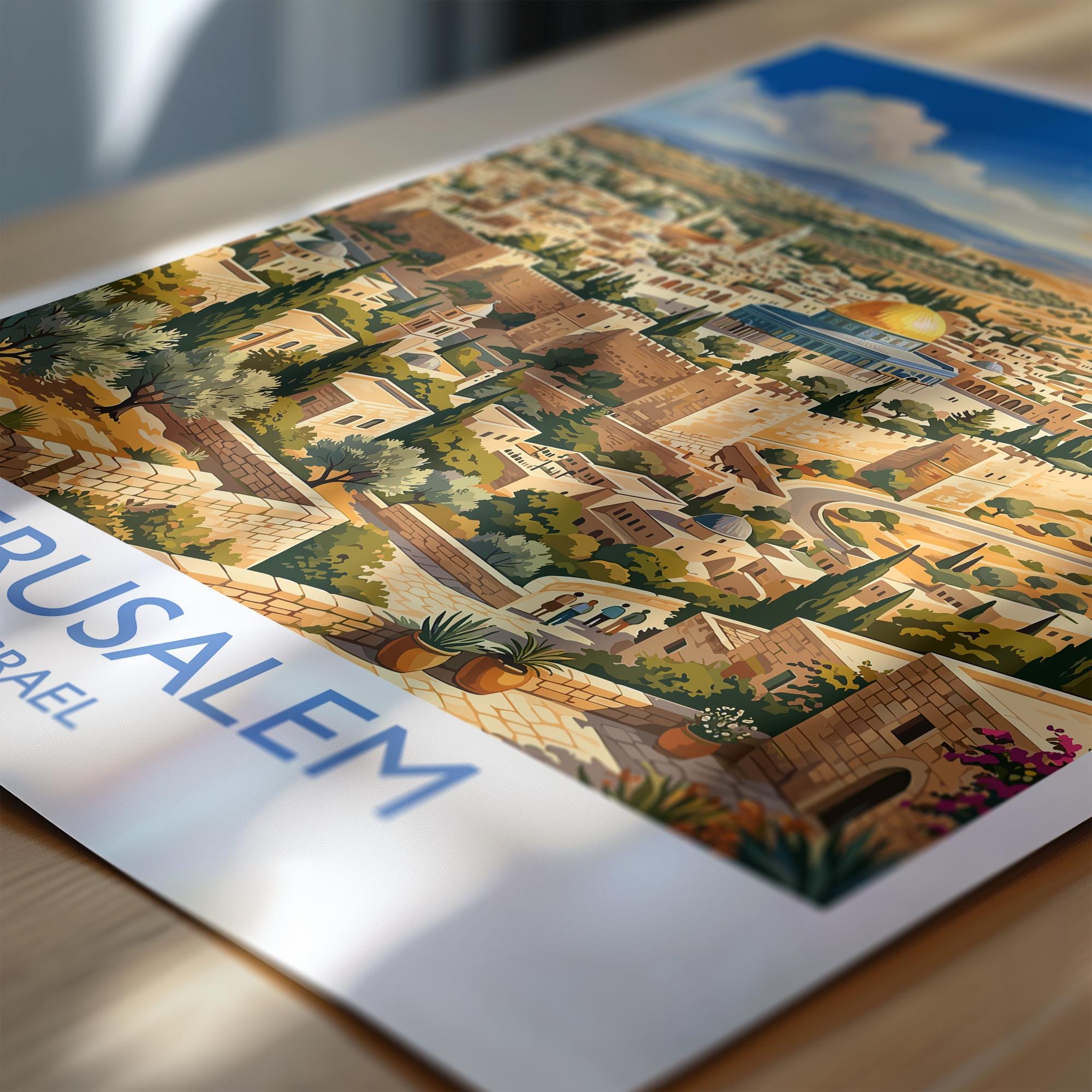 Jerusalem Israel Travel Poster, Old City Wall Art, Dome of the Rock Print, Jerusalem Skyline Illustration, Historic Middle East Decor