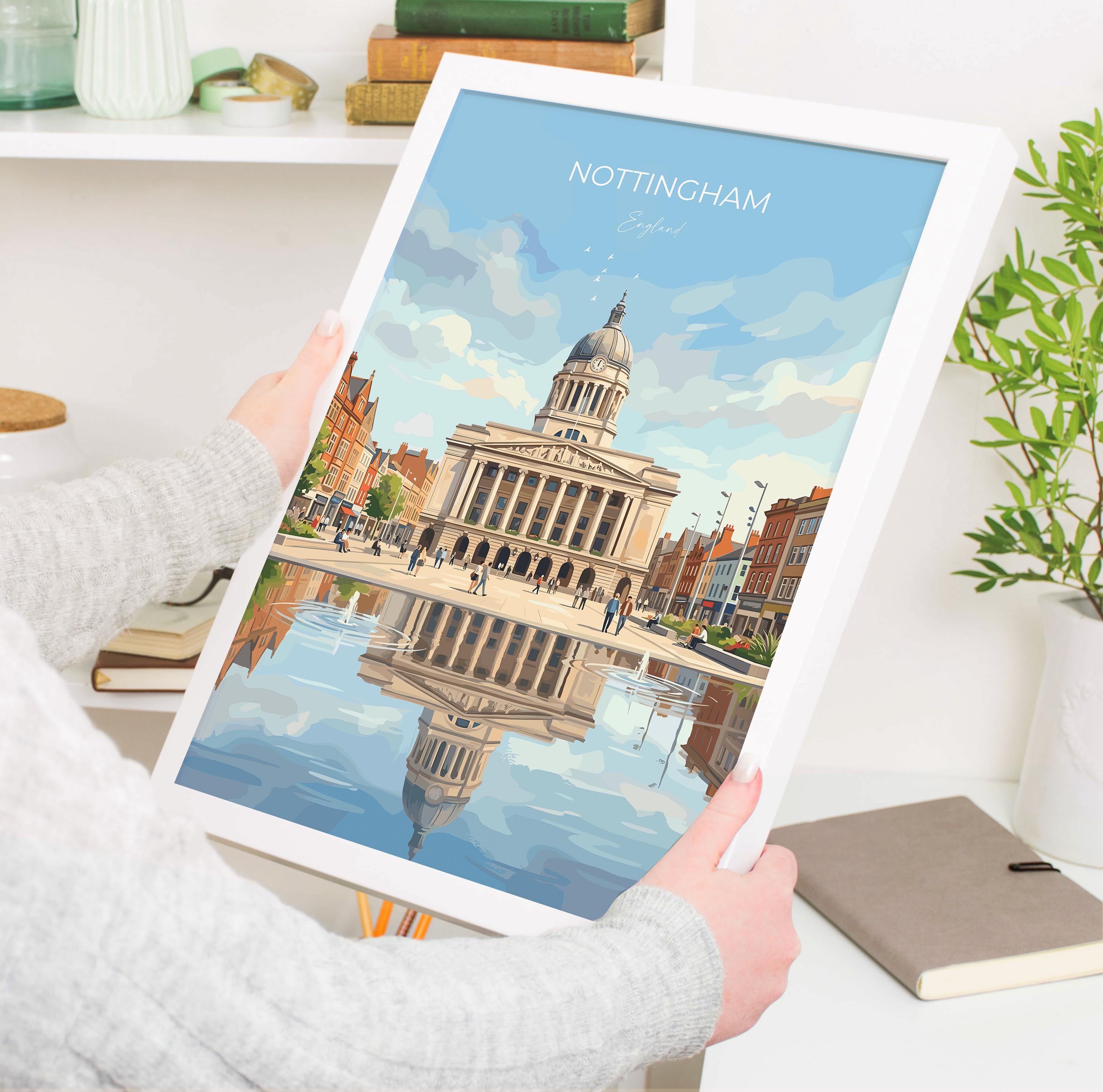 Nottingham Travel Print, Exchange Building Wall Art, Old Market Square Poster, Nottingham City Illustration, UK City Decor, Nottingham Gift