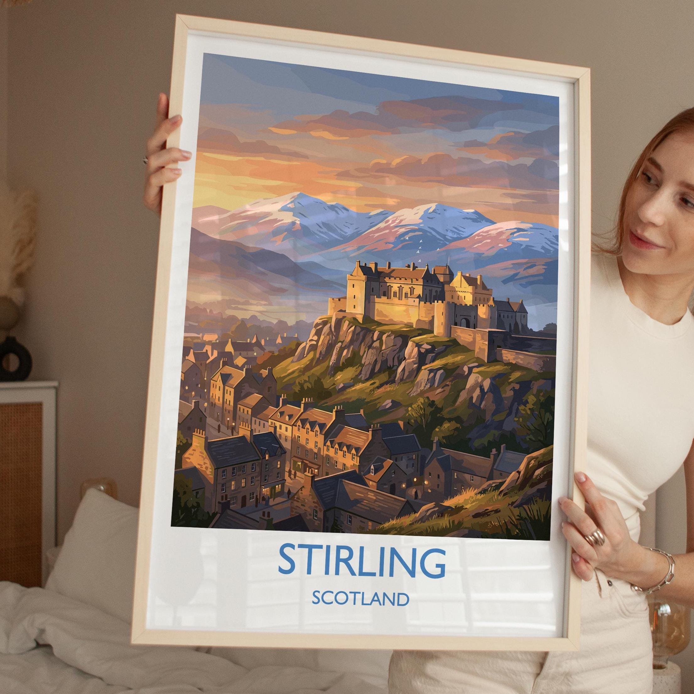 Stirling Castle Scotland Travel Poster, Scottish Highlands Wall Art, Stirling Sunset Landscape Print, Historic Castle Illustration, UK Decor
