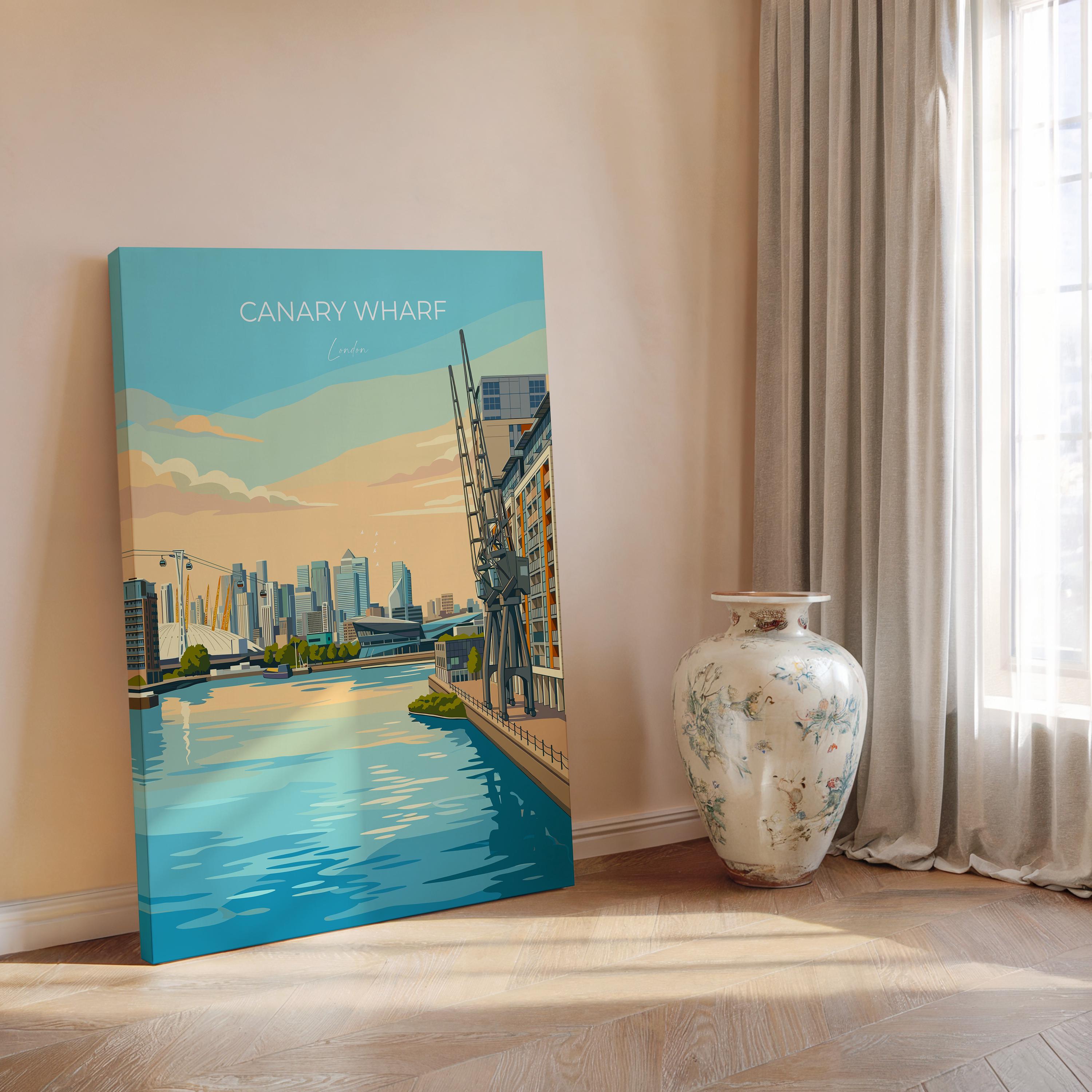 Canary Wharf London Travel Print, Royal Victoria Dock Wall Art, London Skyline Poster, O2 & Cable Car, East London Travel Poster