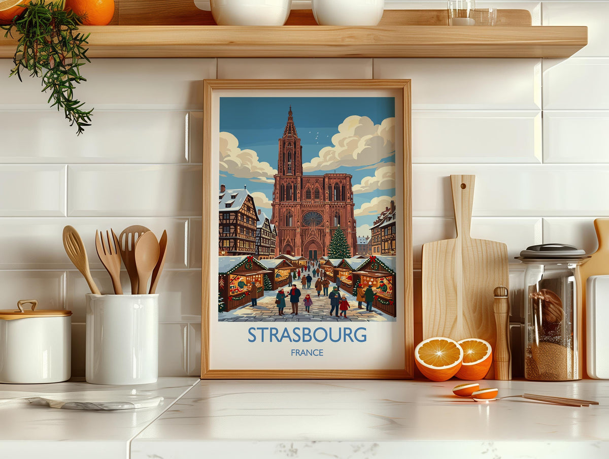 Strasbourg Christmas Market Print, Alsace Winter Wall Art with Border, Petite France Poster, France Festive Travel Print, Strasbourg Gift