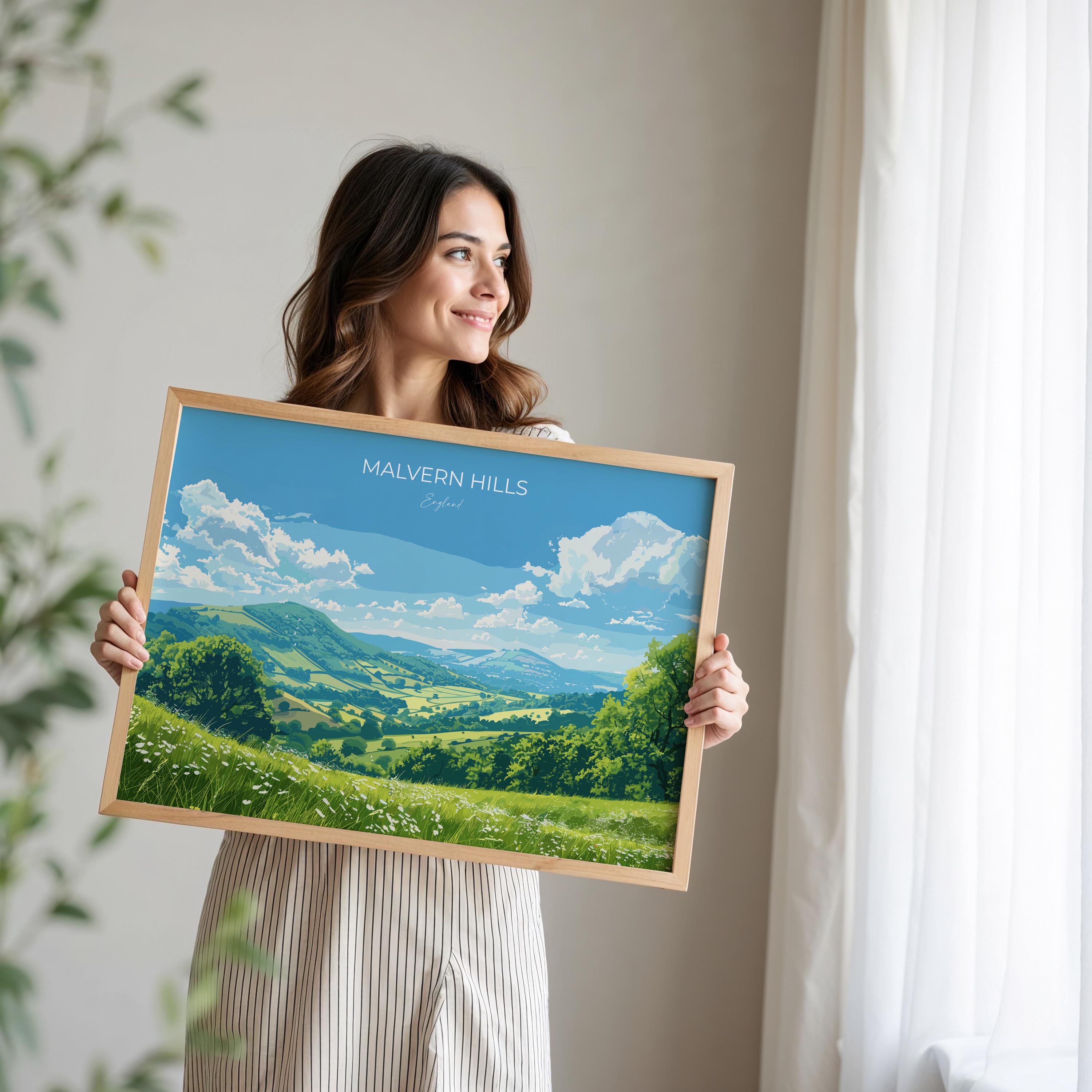 Malvern Hills Landscape Travel Poster Wall Art, Travel Print of Malvern Hills, Malvern Hills Art Lovers Gift, English Countryside NQ Media Designs