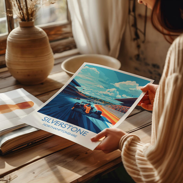 Silverstone Travel Poster Wall Art, Travel Print of Silverstone, Motorsport Art Lovers Gift, Northamptonshire, English Countryside