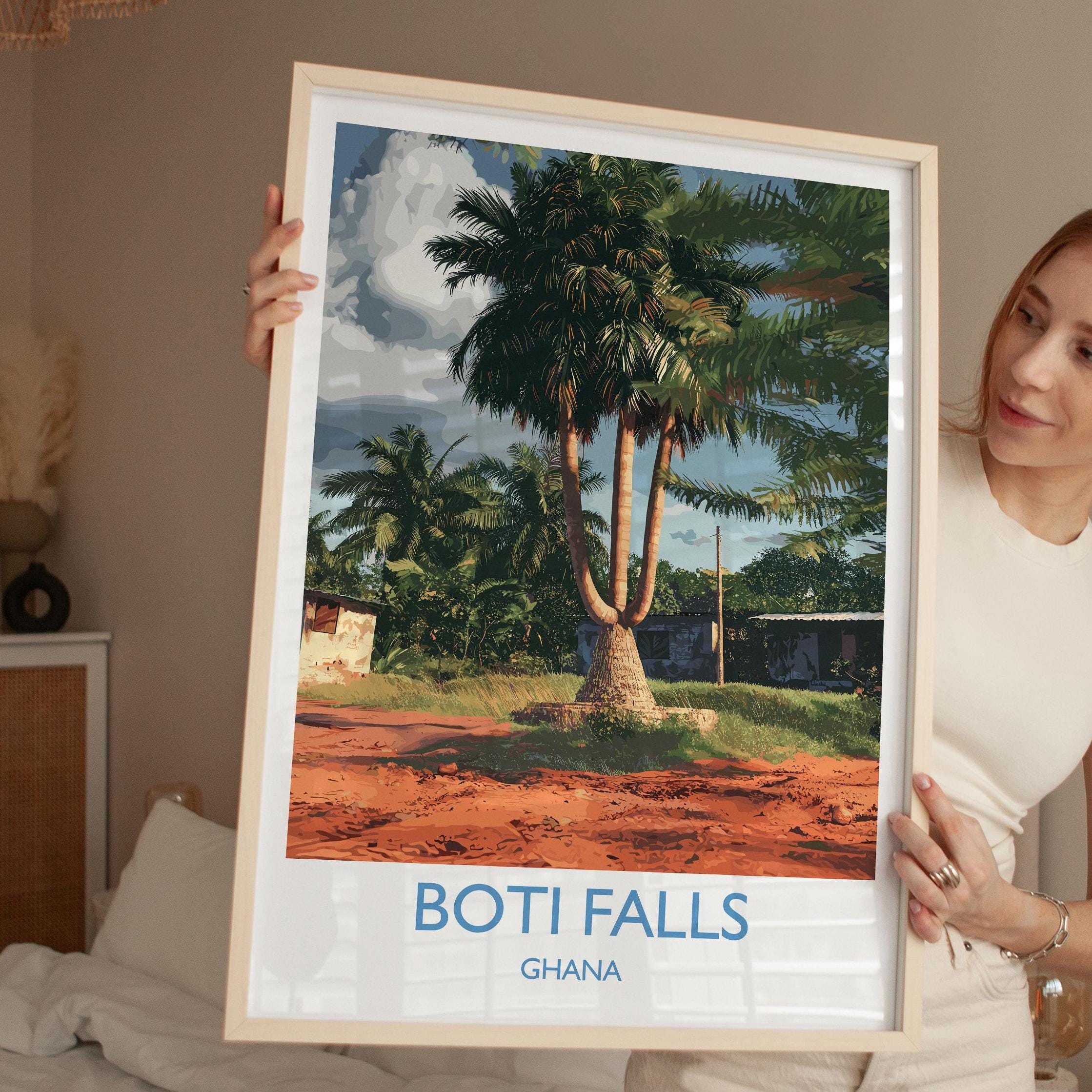 Boti Falls Print, Travel Poster of Boti Falls, Three headed Palm Tree, Ghana, Africa Art Lovers Travel Gift NQ Media Designs