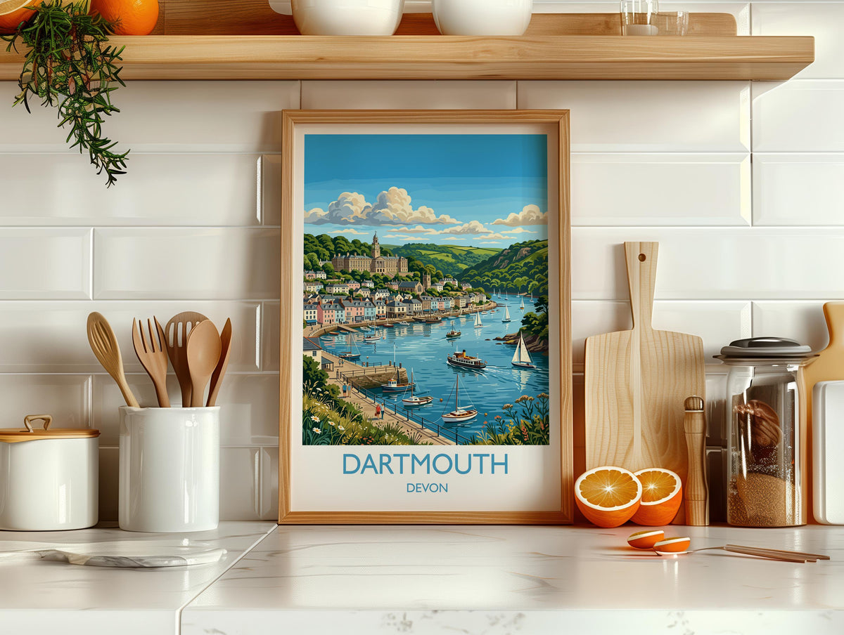 Dartmouth Print, Devon Travel Poster with White Border, River Dart Wall Art, Britannia Royal Naval College Print, Devon Coastal Gift