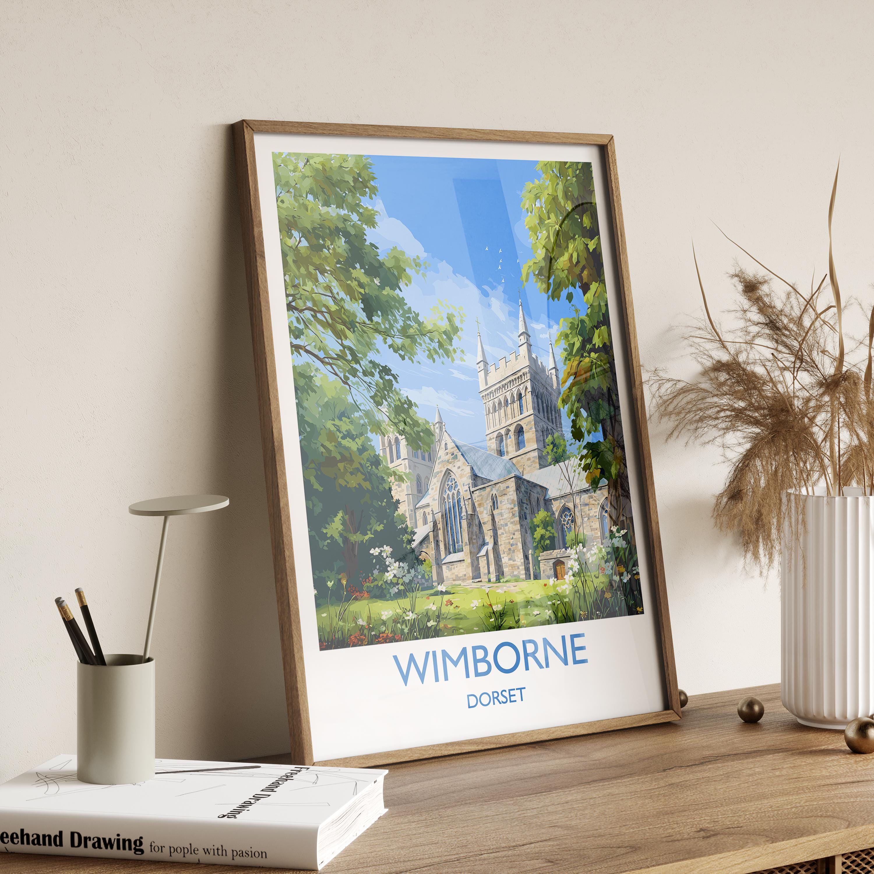 Wimborne Travel Print, Travel Poster of Wimborne, England, Wimborne Minster, Dorset Coast Art, Dorset Gift, Wall Art Print NQ Media Designs