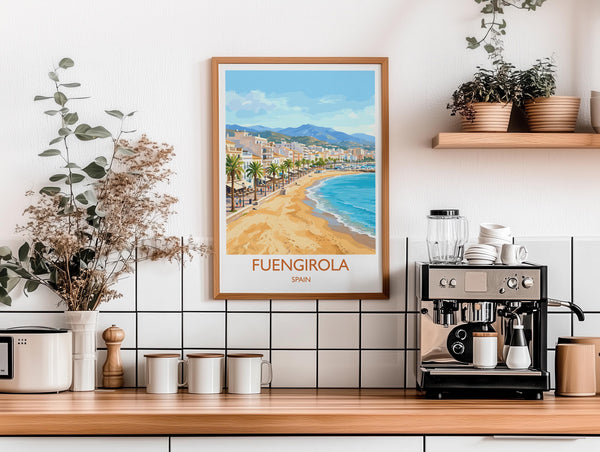 Fuengirola Spain Travel Poster, Costa del Sol Beach Wall Art, Seaside Promenade Print, Spanish Coastal Illustration, Holiday Decor