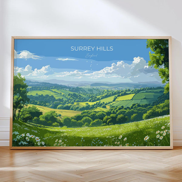 Surrey Hills Landscape Travel Poster Wall Art, Surrey Hills Travel Print, English Countryside Art Gift, Wall Art Print