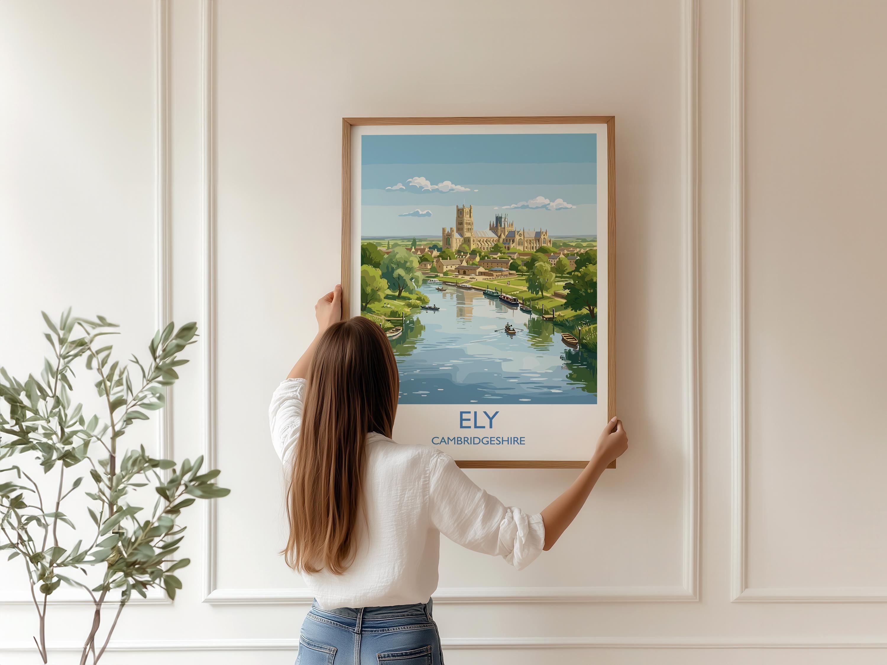 Ely Cathedral Travel Poster, Ely Cambridgeshire Wall Art, Historic England City Print, Gothic Cathedral Illustration, UK Decor, Ely Gift