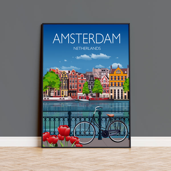 a poster of a bicycle parked next to a fence