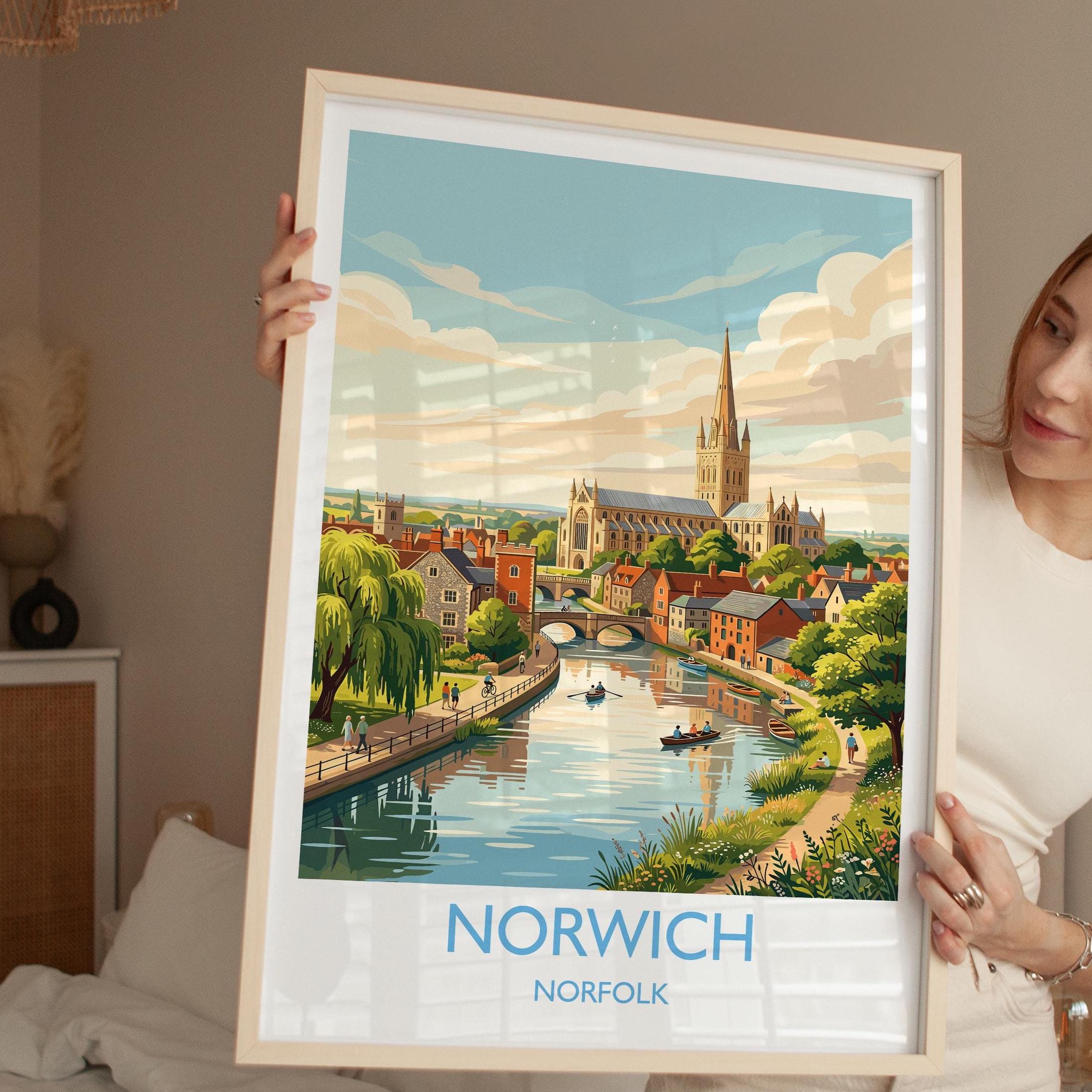 Norwich Norfolk Print, Historic Cathedral City Wall Art, English City Travel Poster, Norfolk Decor, UK Gift