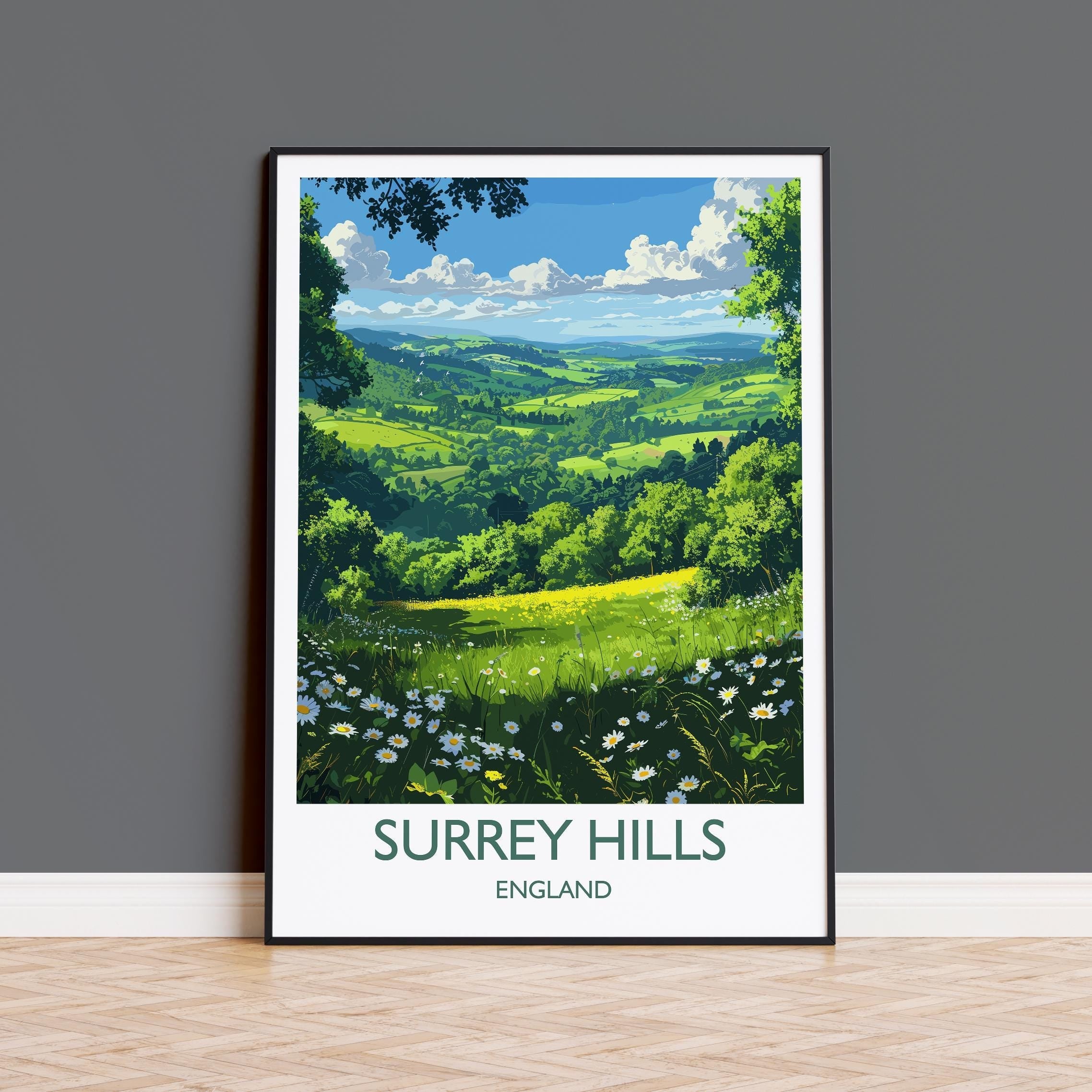 Surrey Hills Travel Poster Wall Art, Surrey Hills Travel Print, English Countryside Art Gift, Wall Art Print NQ Media Designs