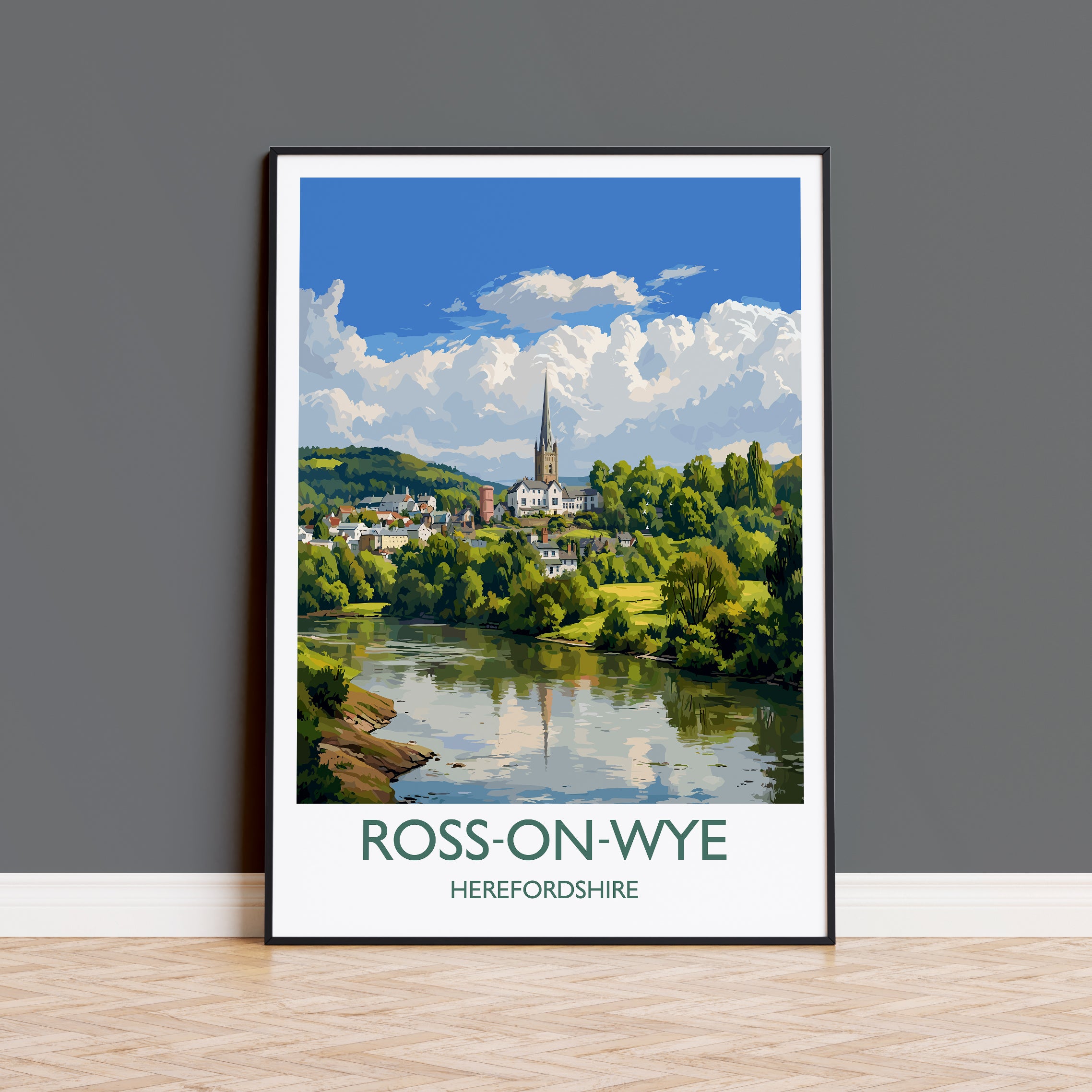 The image is a framed poster depicting a scenic view of Ross-on-Wye, a town in Herefordshire, England. The poster showcases a picturesque landscape with a river, lush greenery, and a church spire in the distance. The text "ROSS-ON-WYE" and "HEREFORDSHIRE" is prominently displayed, indicating the location of the scene.